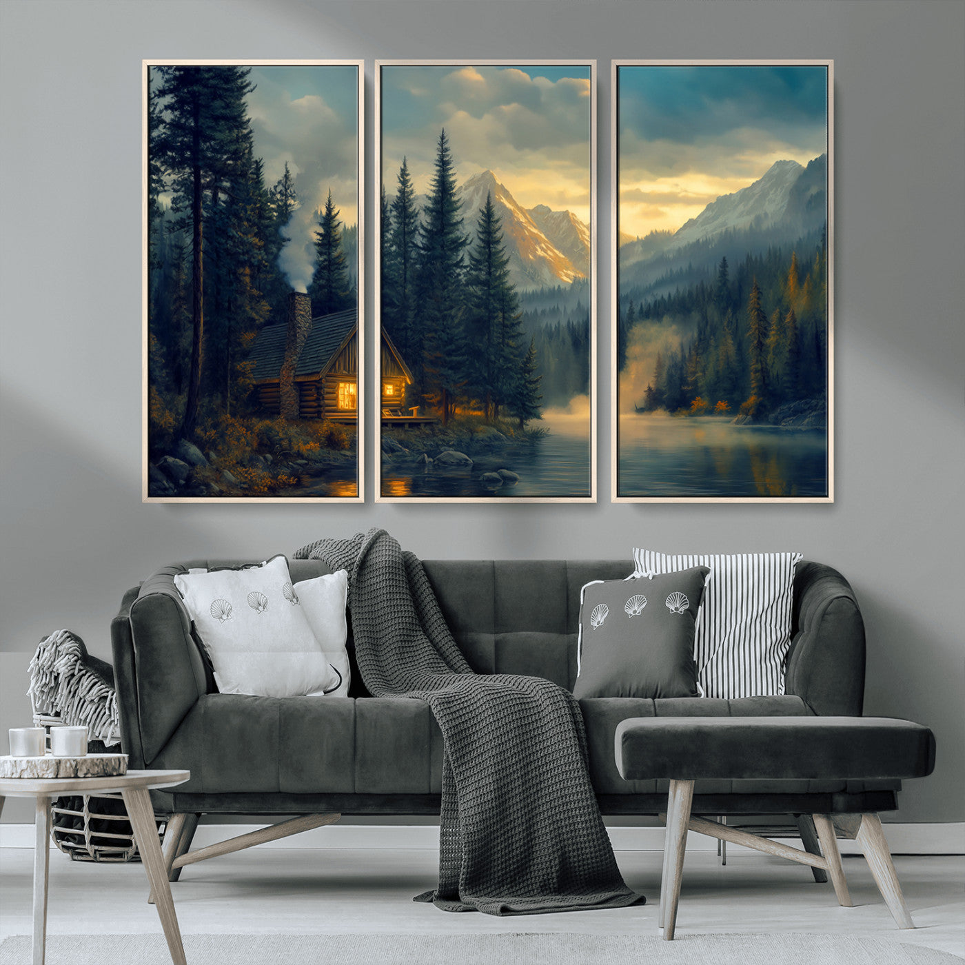 MGV-FC-48X32-3P - Mountain Cabin by the Lake at Sunset Wall Art - Serene Nature Canvas Print for Living Room Decor,