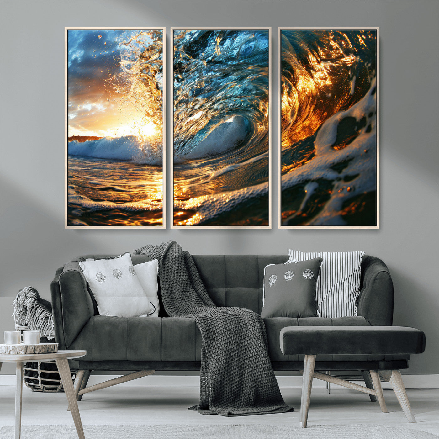MGV-FC-48X32-3P - Ocean Wave at Sunset Canvas Wall Art – Vibrant Coastal Beach Waves Print, Large Nautical Decor,