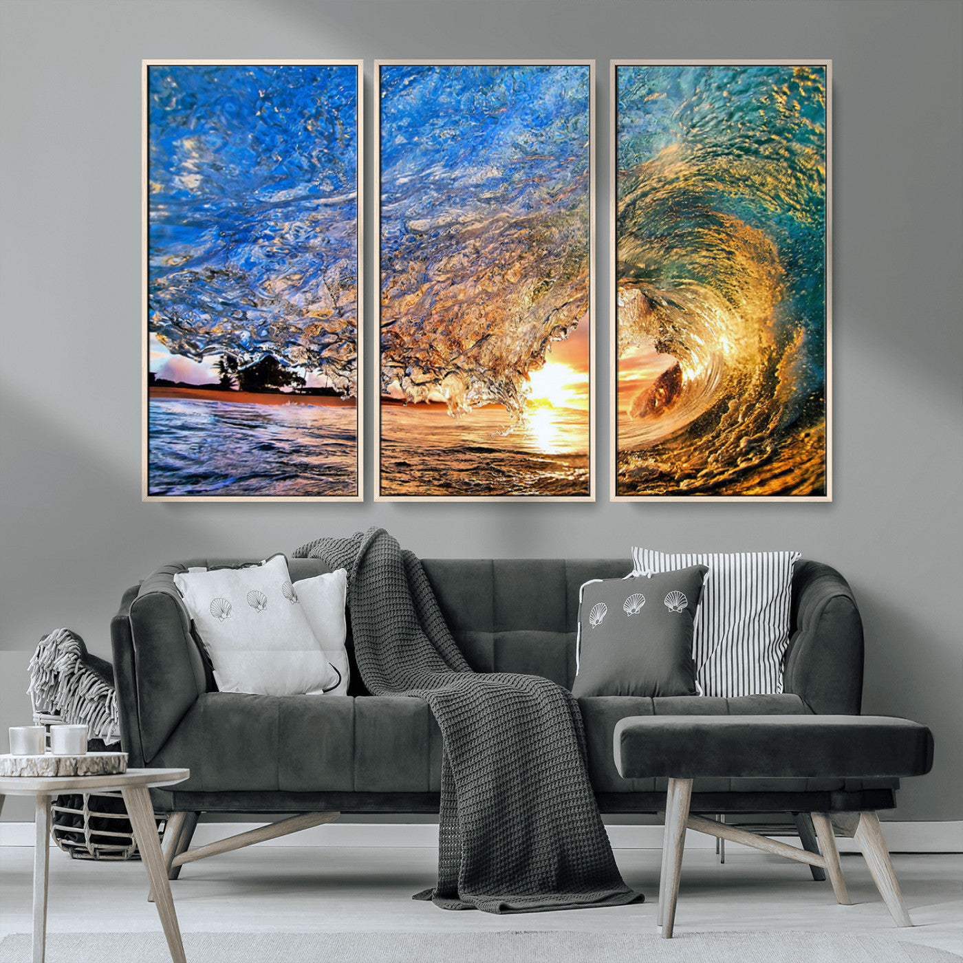 MGV-FC-48X32-3P - Ocean Wave at Sunset Canvas Wall Art – Vibrant Coastal Beach Waves Print, Large Nautical Decor,