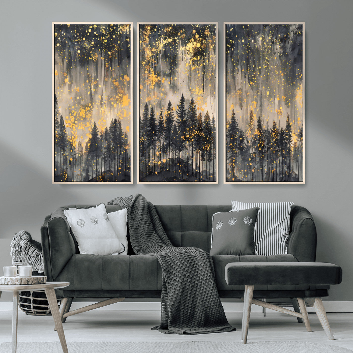 MGV-FC-48X32-3P - Golden Forest Abstract Wall Art | Dark Forest with Gold Splatter Accents | Triptych Ready to Hang