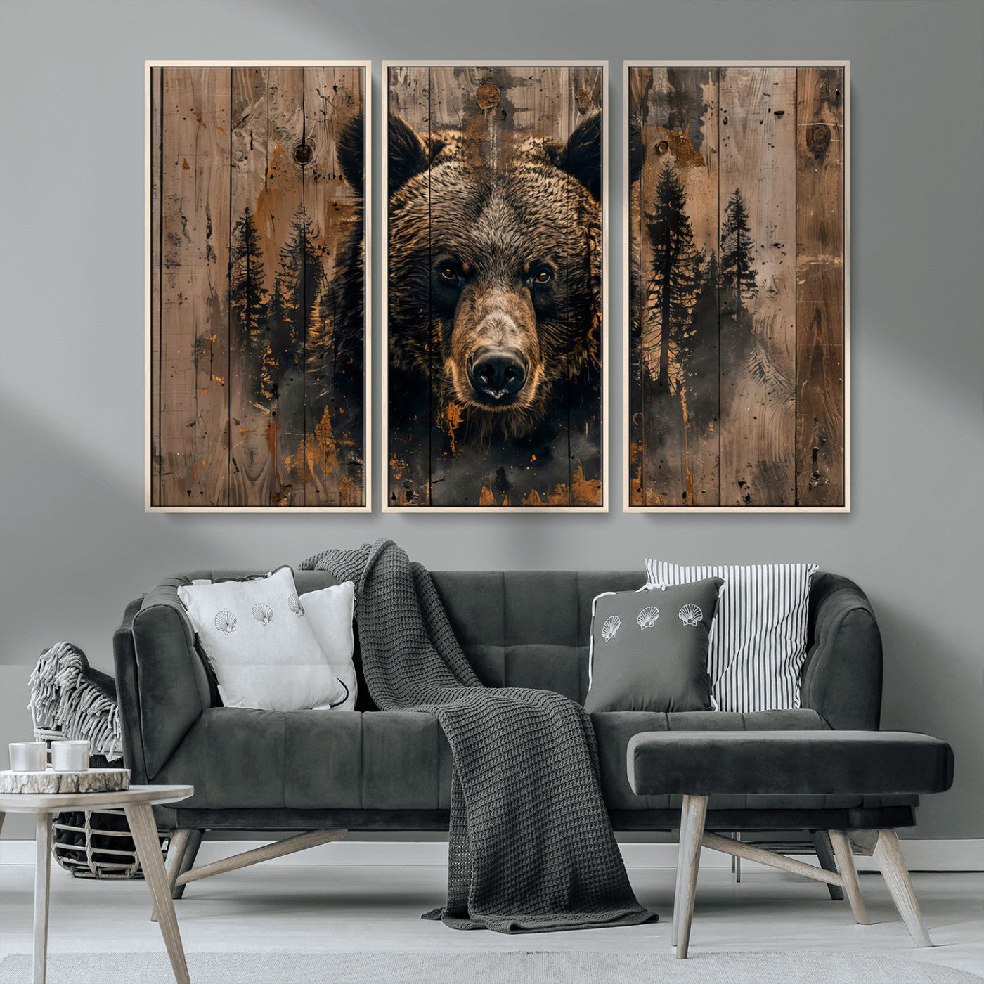 MGV-FC-48X32-3P - Rustic Grizzly 399 Wall Art | Triptych Canvas Print | Rustic Cabin Wall Decor | Perfect for