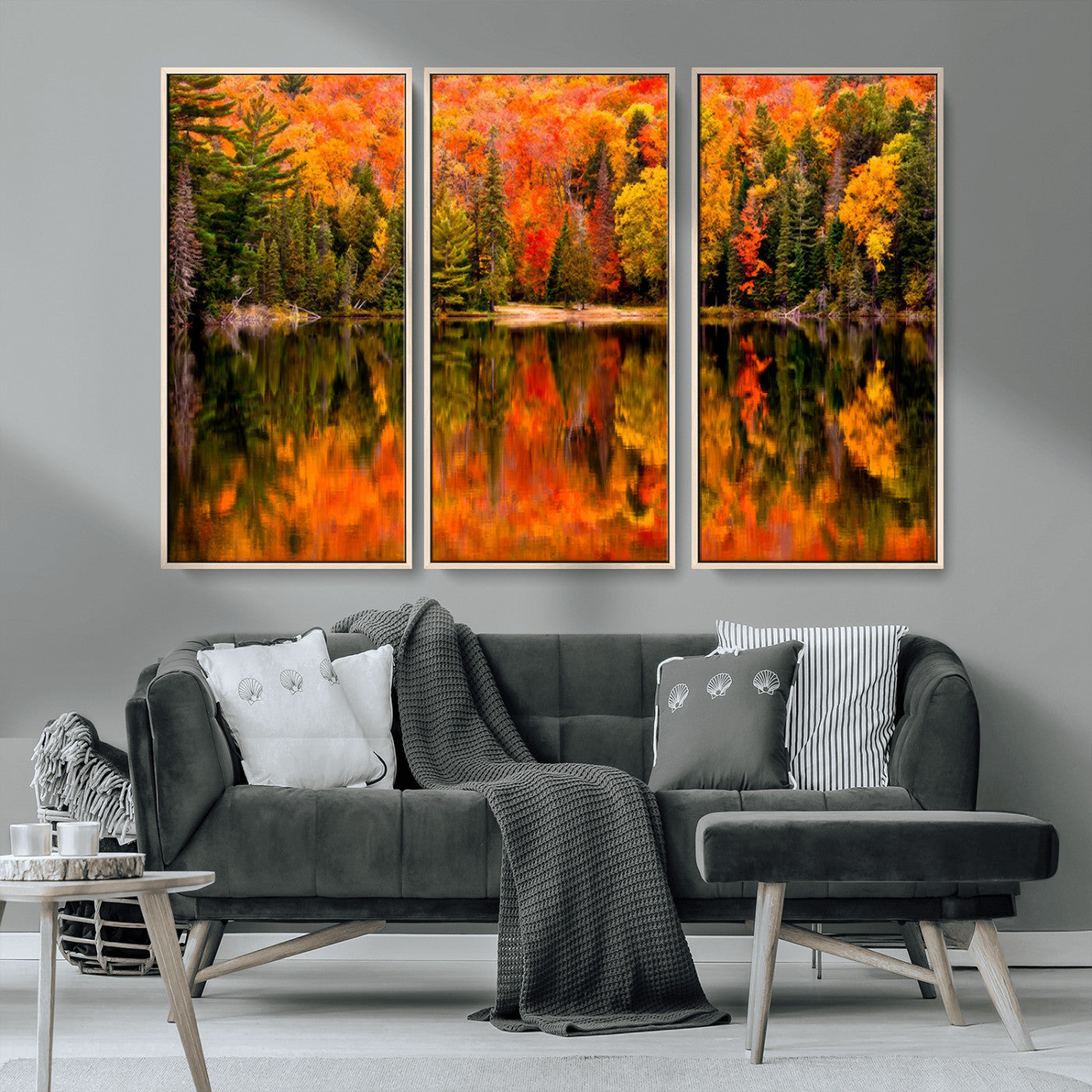 MGV-FC-48X32-3P - Forest Reflection Art | Autumn Forest Reflection Wall Art | Triptych Canvas Print | Vibrant Fall