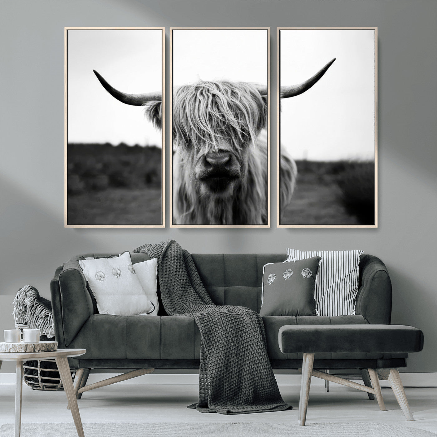 MGV-FC-48X32-3P - Highland Cow Wall Art | Black and White Farmhouse Decor | Triptych Canvas Print | Rustic Barn Decor