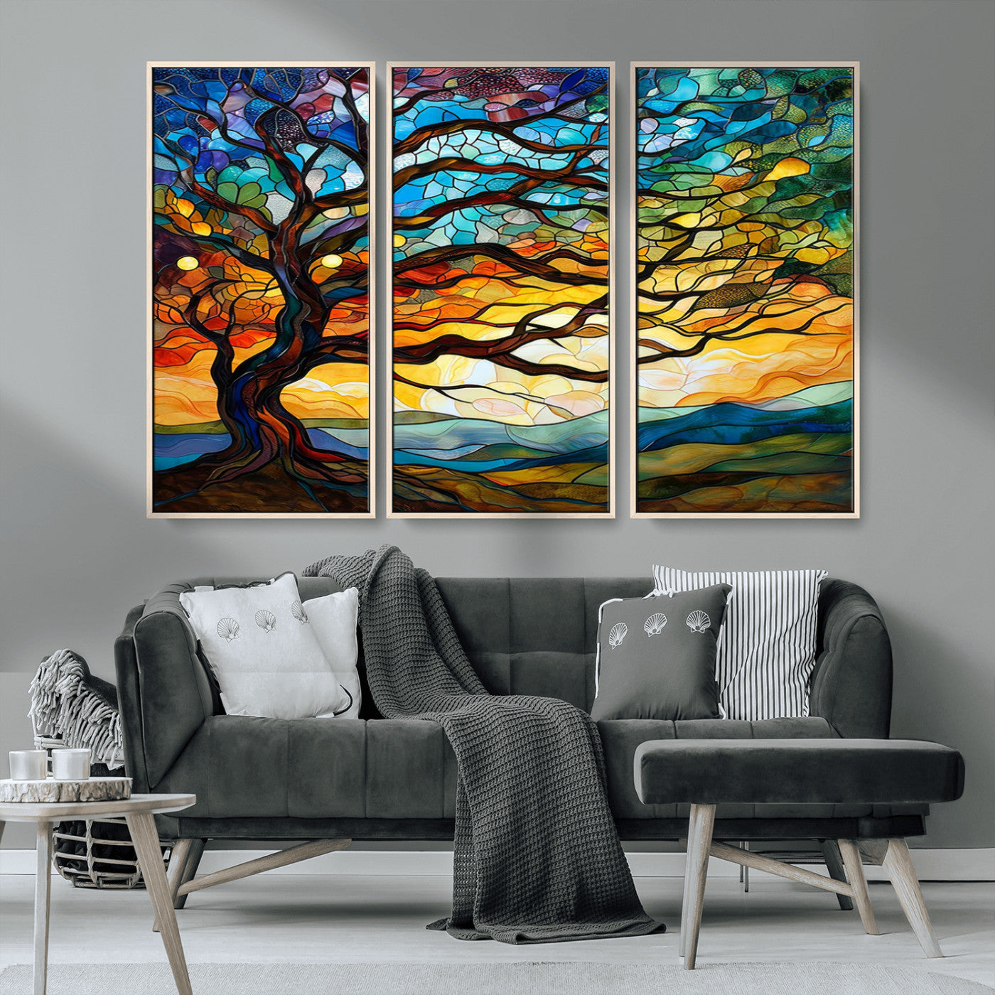 MGV-FC-48X32-3P - Mosaic Tree Wall Art | Ready to Hang Stained Glass Style Canvas Print | Farmhouse Wall Decor, Cabin