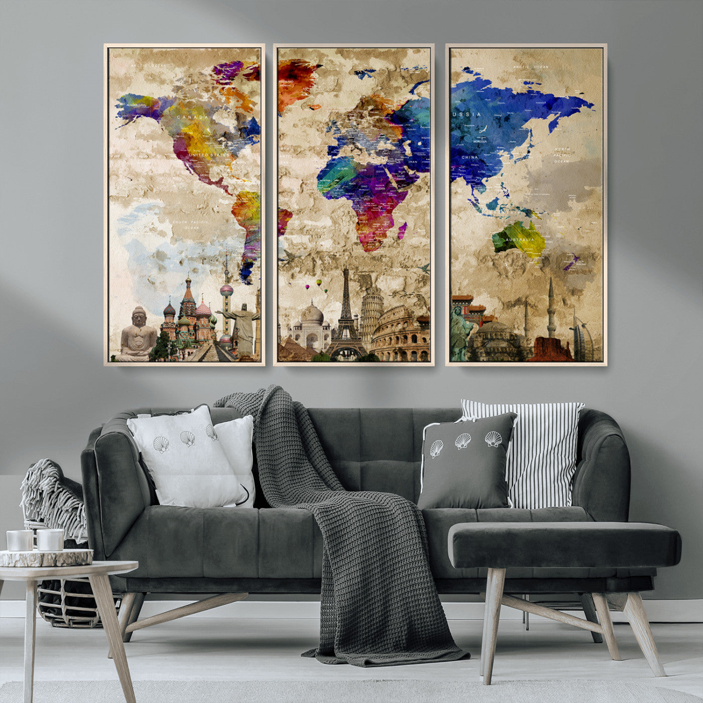 MGV-FC-48X32-3P - Push Pin World Map Canvas Print – Framed Wall Art for Couples to Track Their Travels – Anniversary