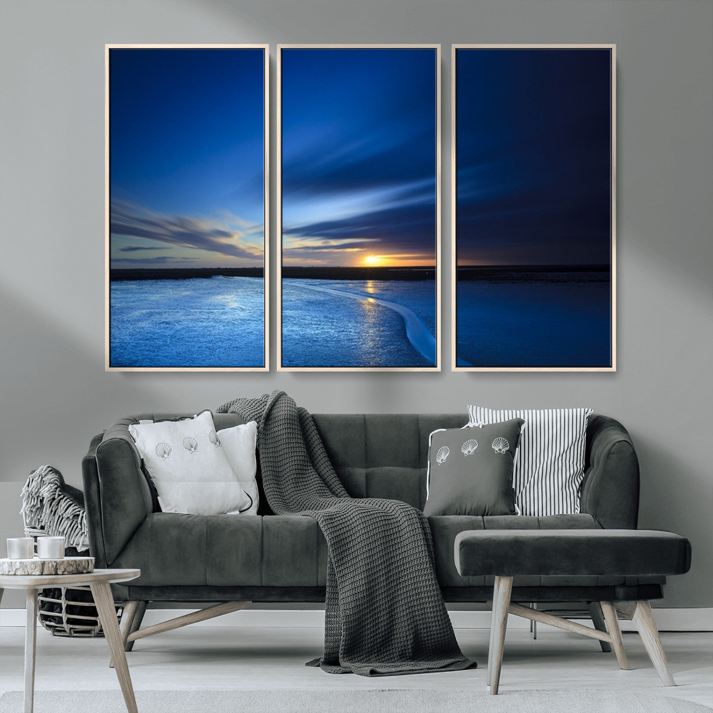 MGV-FC-48X32-3P - Blue Sunset Ocean Canvas Wall Art Print – Serene Coastal Horizon Wall Decor for Home or Office –