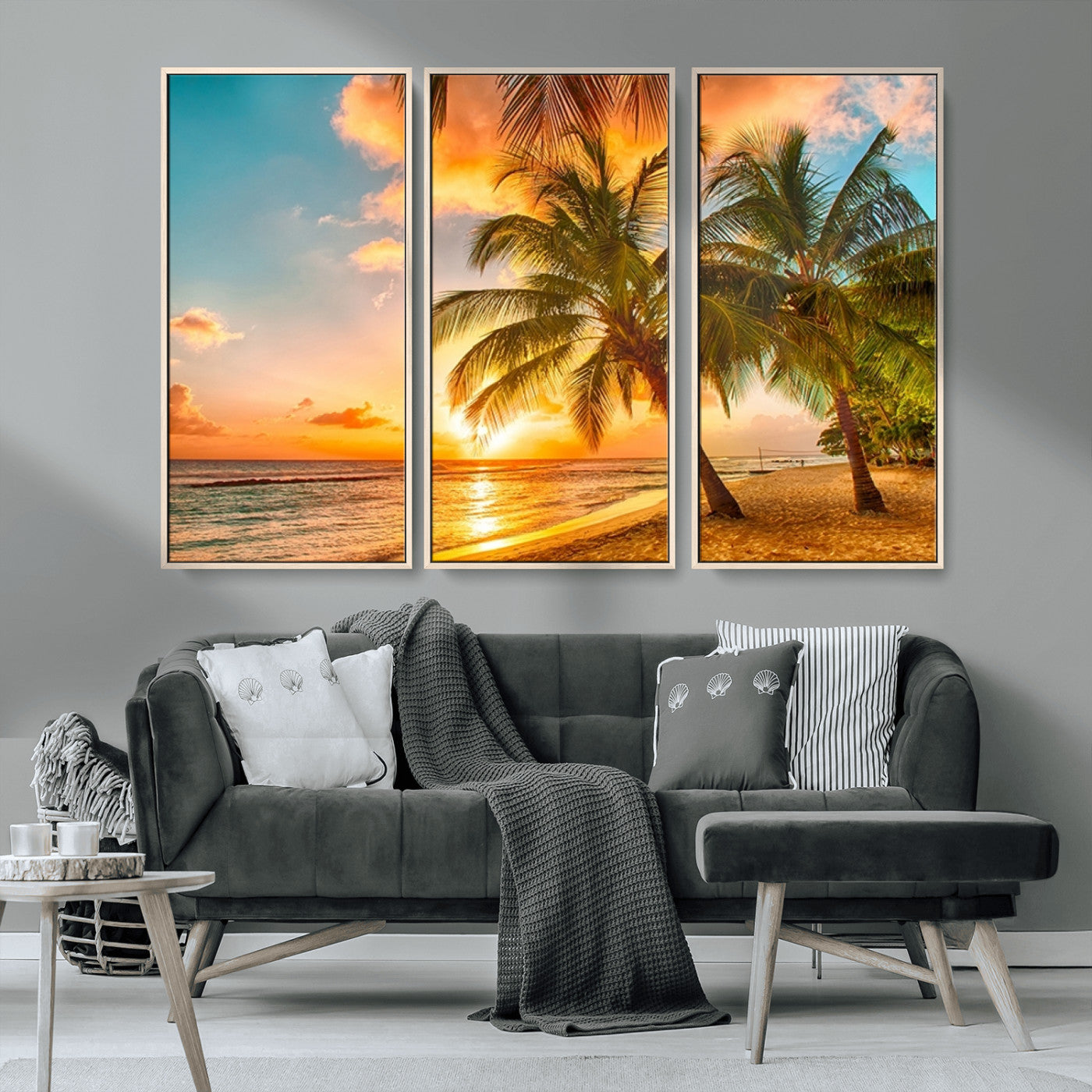 MGV-FC-48X32-3P - Tropical Sunset Beach Canvas Wall Art Print – Vibrant Palm Trees and Coastal Sunset Wall Decor for