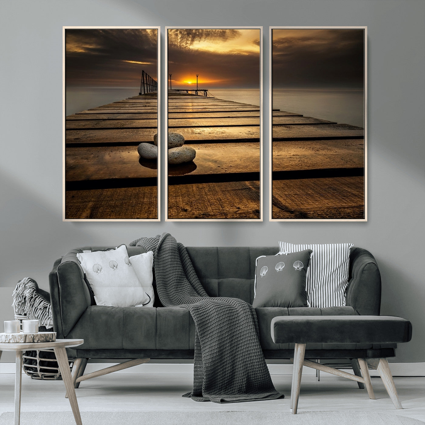 MGV-FC-48X32-3P - Stones on Wooden Pier at Sunset Canvas Print, Serene Coastal Wall Art, Beach Sunset Photography,