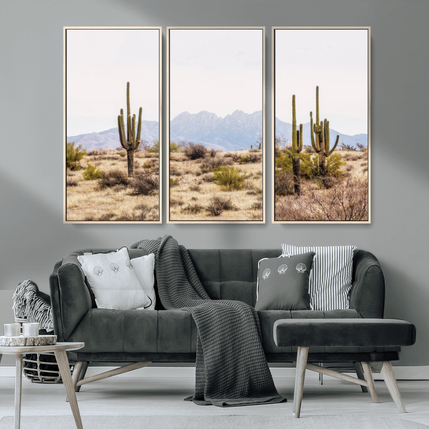 97436-MGV-FC-48X32-3P_Natural-Desert Cactus Canvas Wall Art – Serene Southwestern Arizona Landscape with Majestic Mountains -