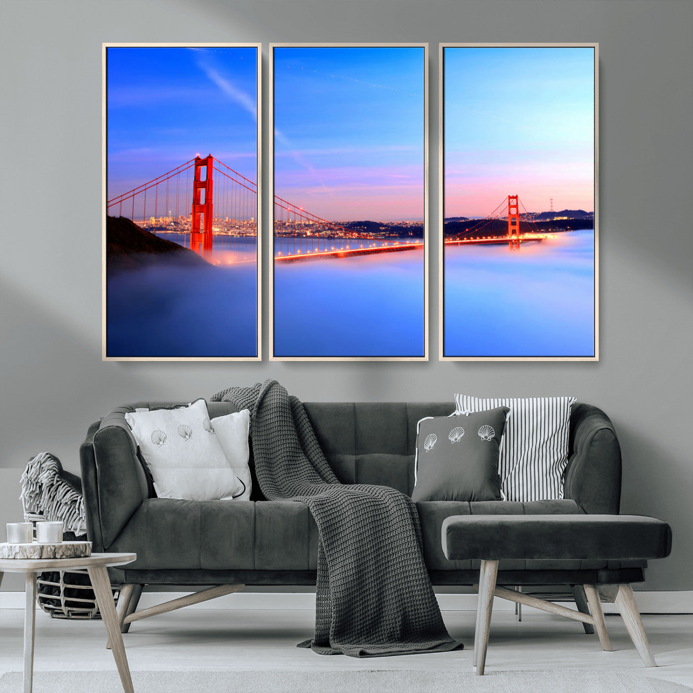 MGV-FC-48X32-3P - Golden Gate Bridge Wall Art Print, San Francisco Sunset Canvas Wall Art, Cityscape Canvas Print for