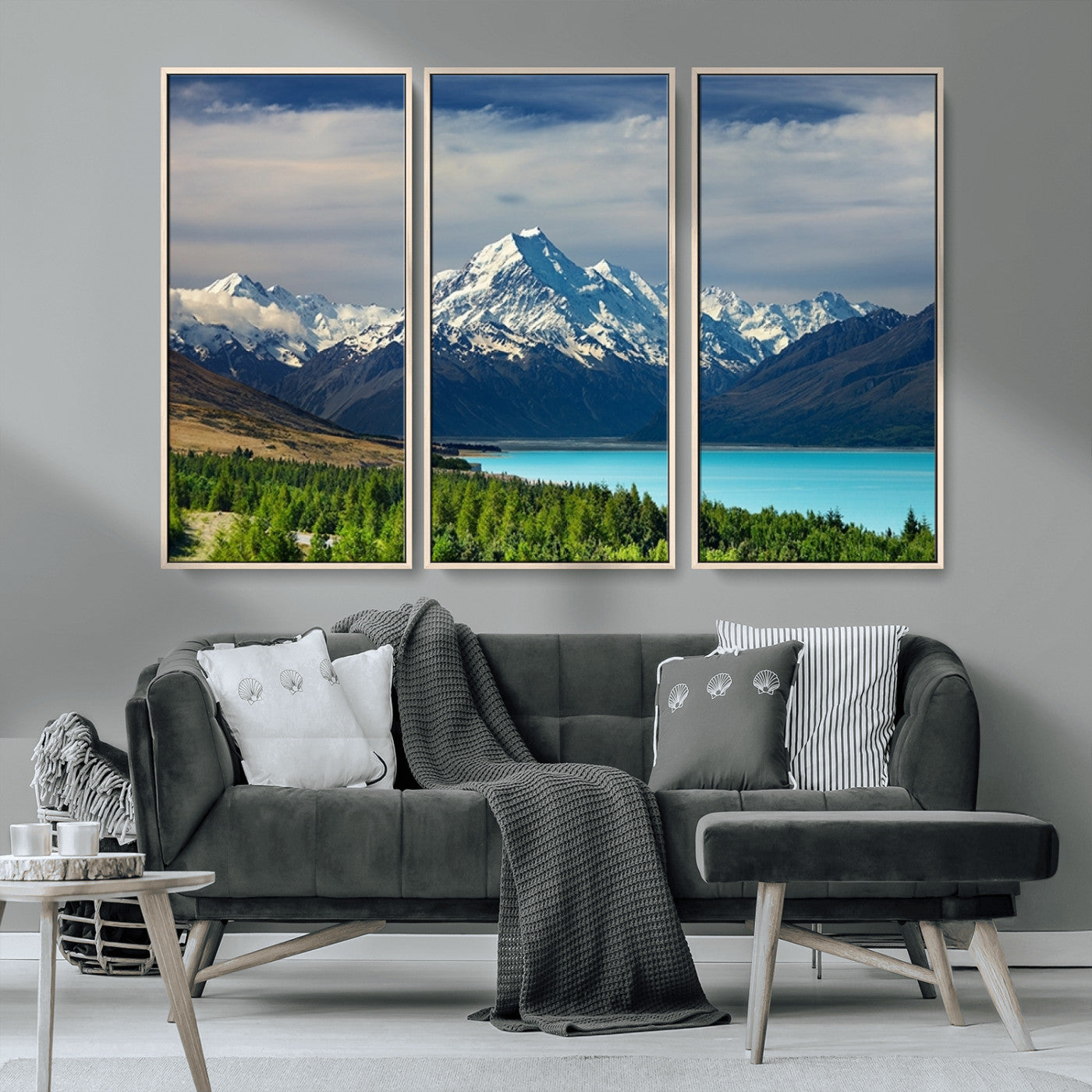 MGV-FC-48X32-3P - Mount Cook and Lake Pukaki Canvas Wall Art Print – Majestic Snow-Capped Peaks and Serene Lake Wall