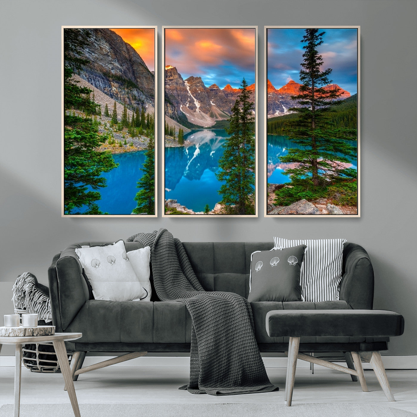 MGV-FC-48X32-3P - Canadian Rockies Moraine Lake Wall Art Canvas Print, Pine Trees Mountain Spring Canvas Print