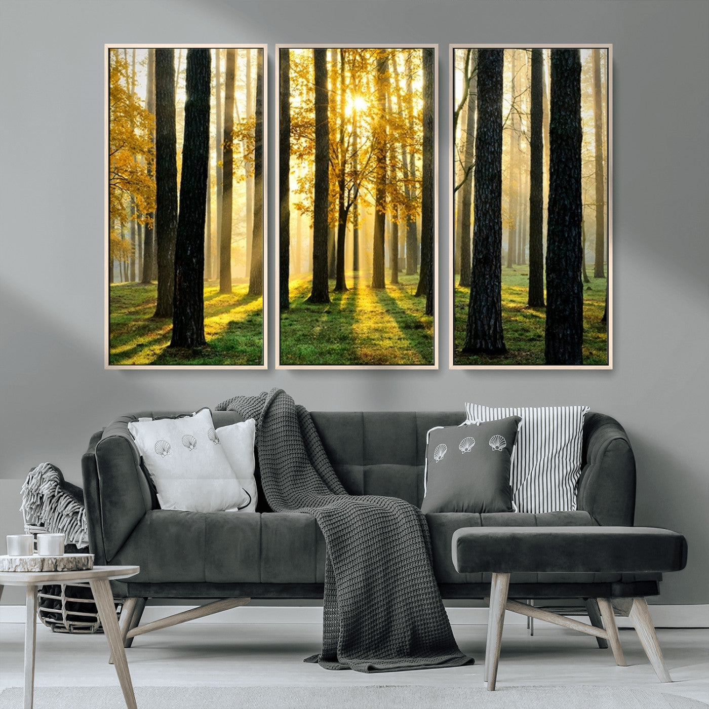 MGV-FC-48X32-3P - Sunlit Forest Canvas Wall Art – Serene Woodland Triptych Landscape Print – Nature-Inspired Decor for