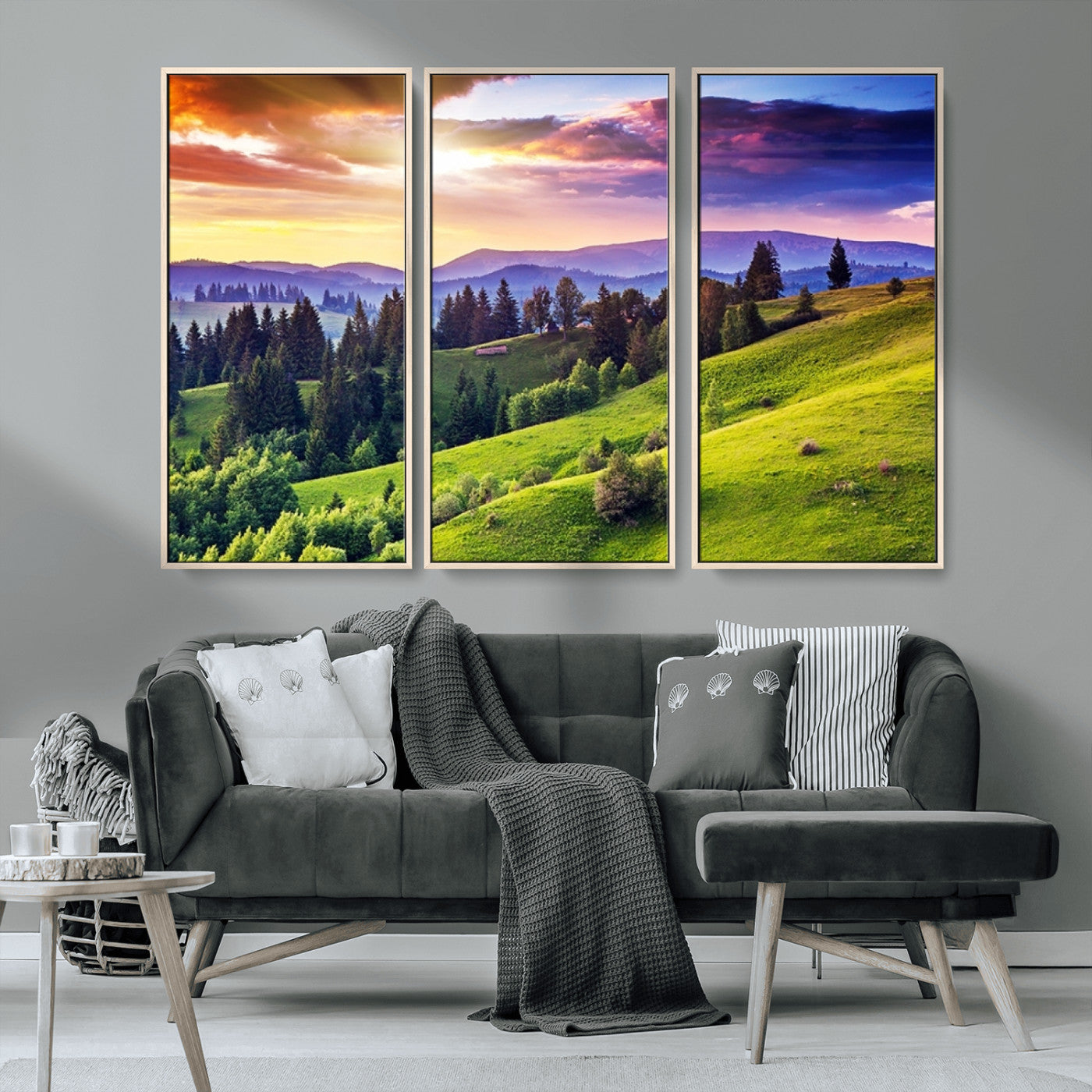 MGV-FC-48X32-3P - Green Hills and Sunset Wall Art Print - Scenic Landscape with Lush Greenery and Vibrant Sky, Ready