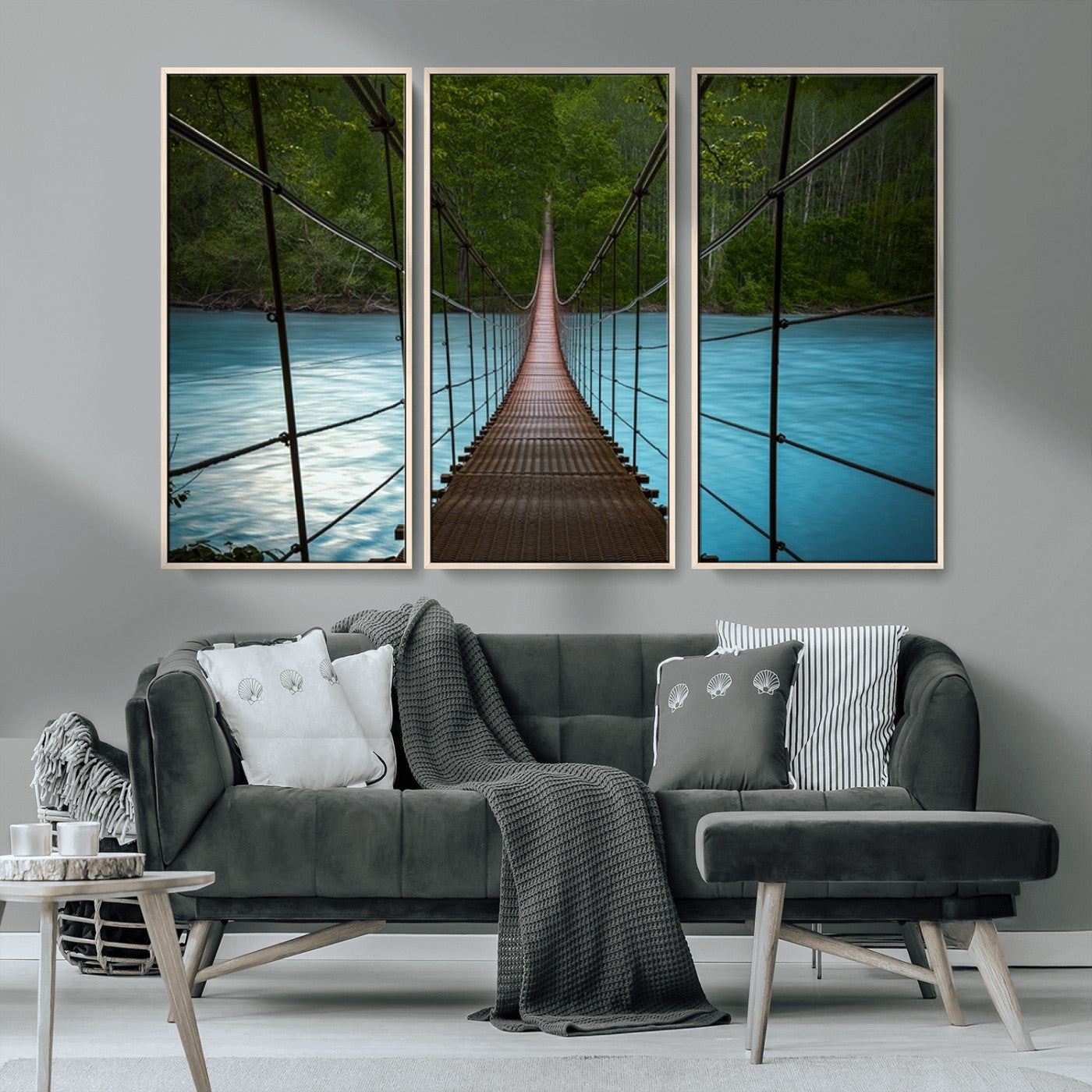 MGV-FC-48X32-3P - Suspension Bridge Over River Canvas Art | 3-Panel Nature Photography | Scenic Wall Art for Living