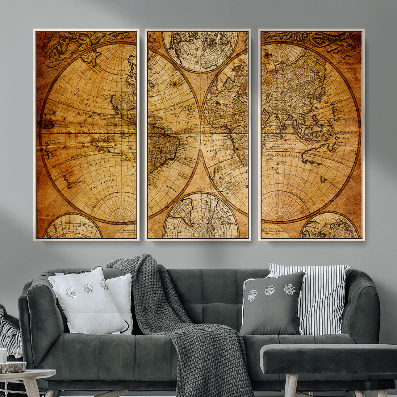 25517-MGV-FC-48X32-3P - Vintage World Map Canvas Print – Antique Push Pin Travel Map, Framed Wall Art for Home or Office Decor