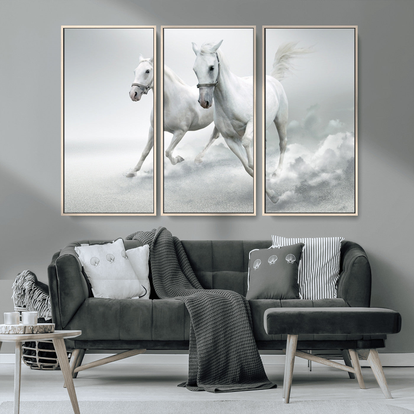 MGV-FC-48X32-3P - Large Wall Art Animal Canvas Print - Beautiful Running White Horses