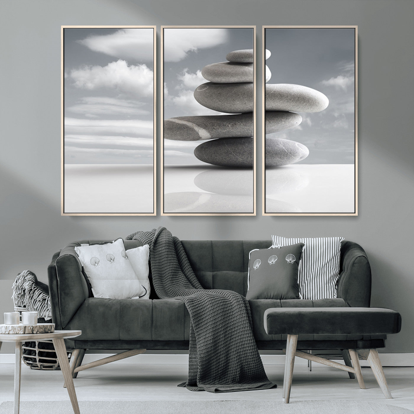 MGV-FC-48X32-3P - Still Life Black and White Zen Stones Wall Art Canvas, Framed Black and White Zen Stones Canvas