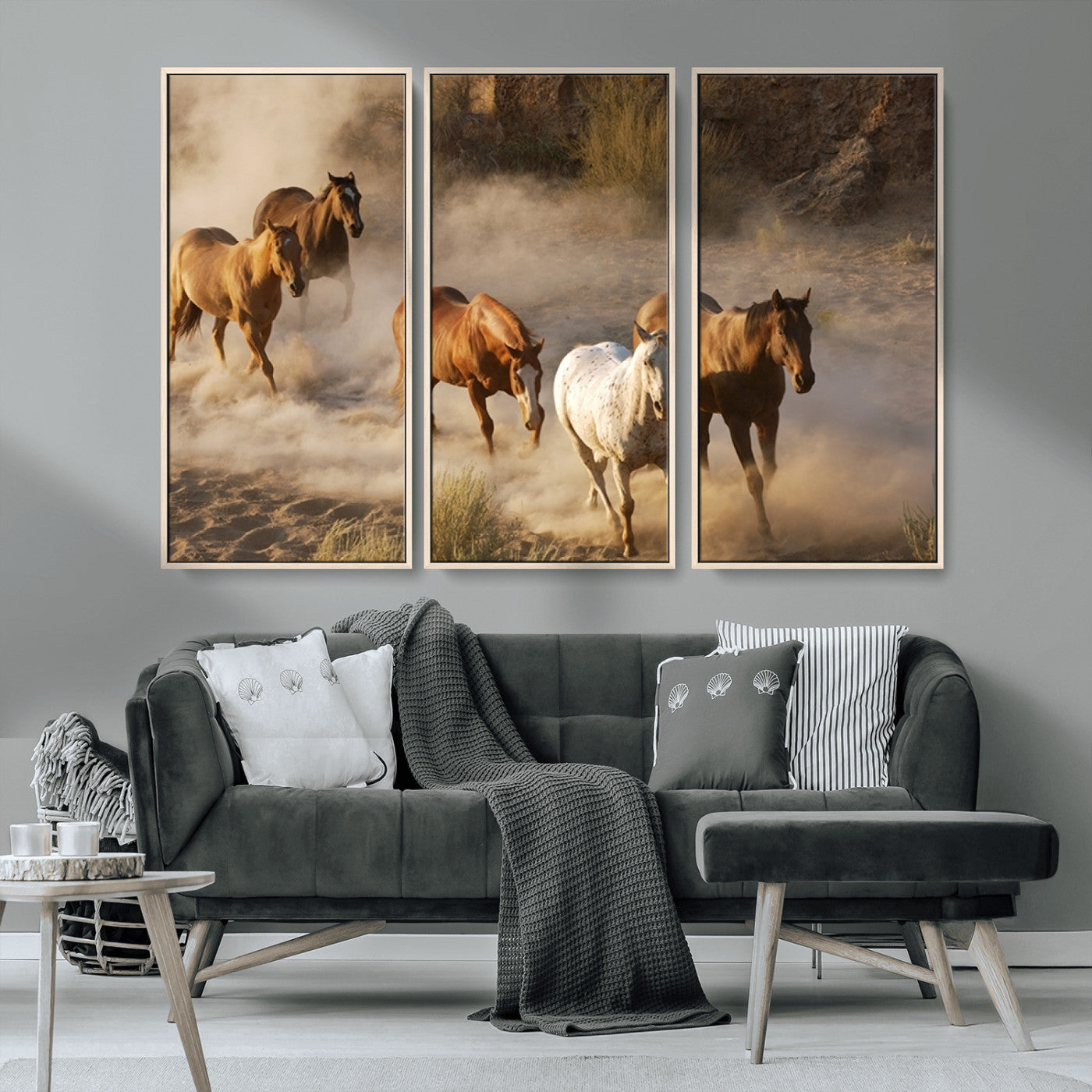 MGV-FC-48X32-3P - Large Wall Art 5 Horses Running on Sand Canvas Print