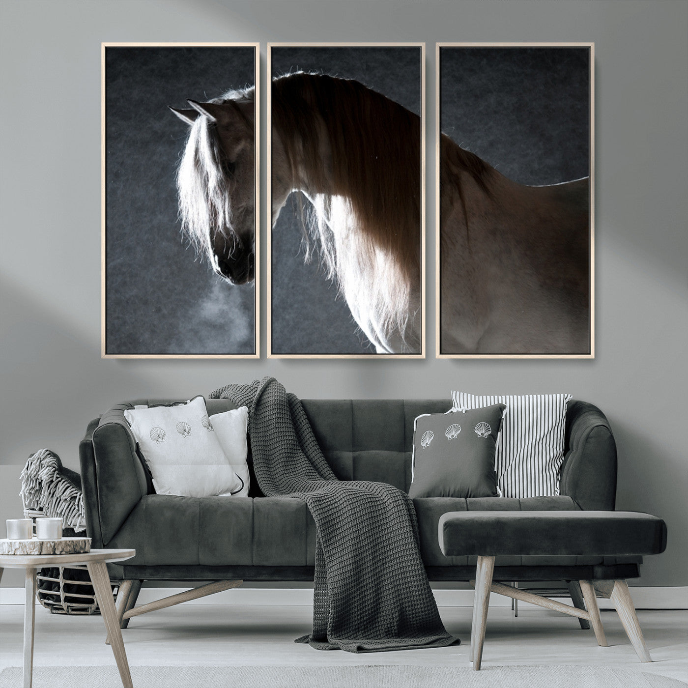 MGV-FC-48X32-3P - Large Wall Art Cream Colored Horse on Grey Background Canvas Print