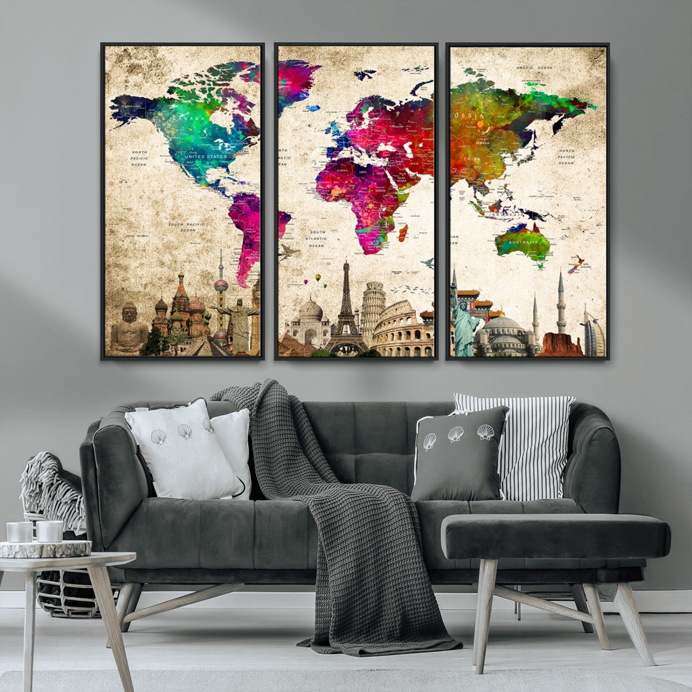 MGV-FC-48X32-3P - Push Pin World Map Canvas Print – Framed Wall Art for Couples to Track Their Travels – Anniversary