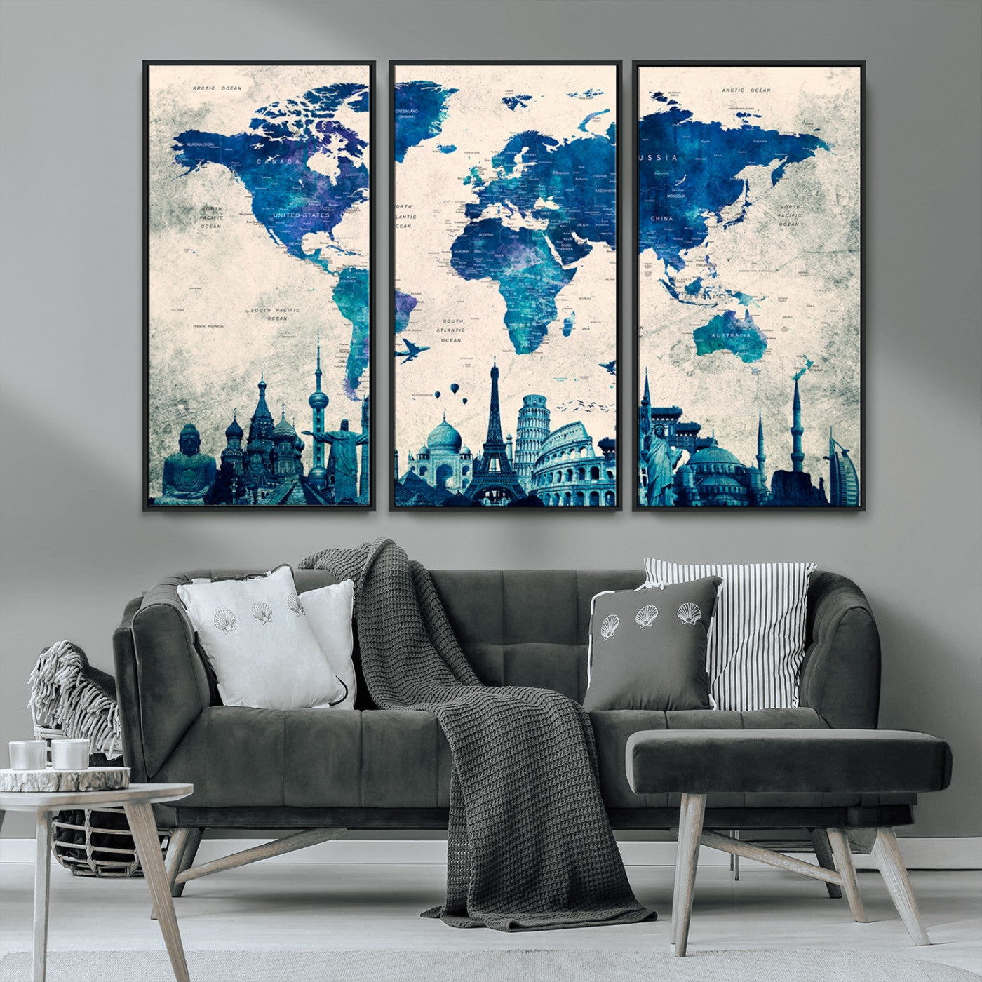 MGV-FC-48X32-3P - Navy Blue World Map Canvas Print, Wonder of World Map Push Pin Canvas Print