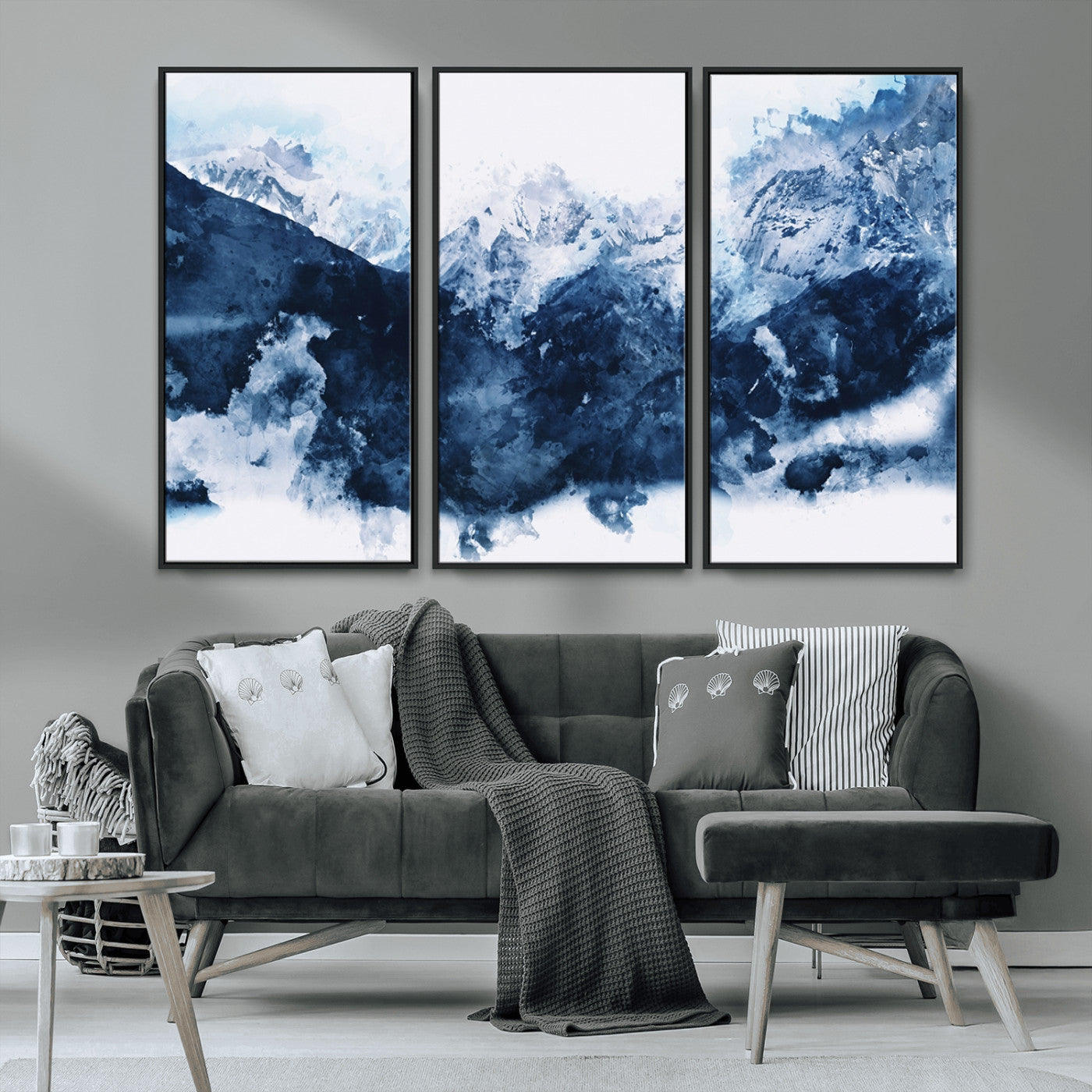 81700-MGV-CV-36X24-Abstract Blue Mountain Canvas Wall Art – Modern Triptych Landscape Print – Contemporary Nature Decor for Living Room or Office – Ready to