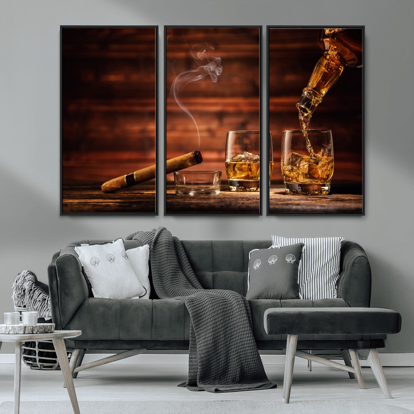 MGV-FC-48X32-3P - Whiskey and Cigar Wall Art Canvas | 3 Panel Bar Room Decor for Home Lounge, Office, or Man Cave |