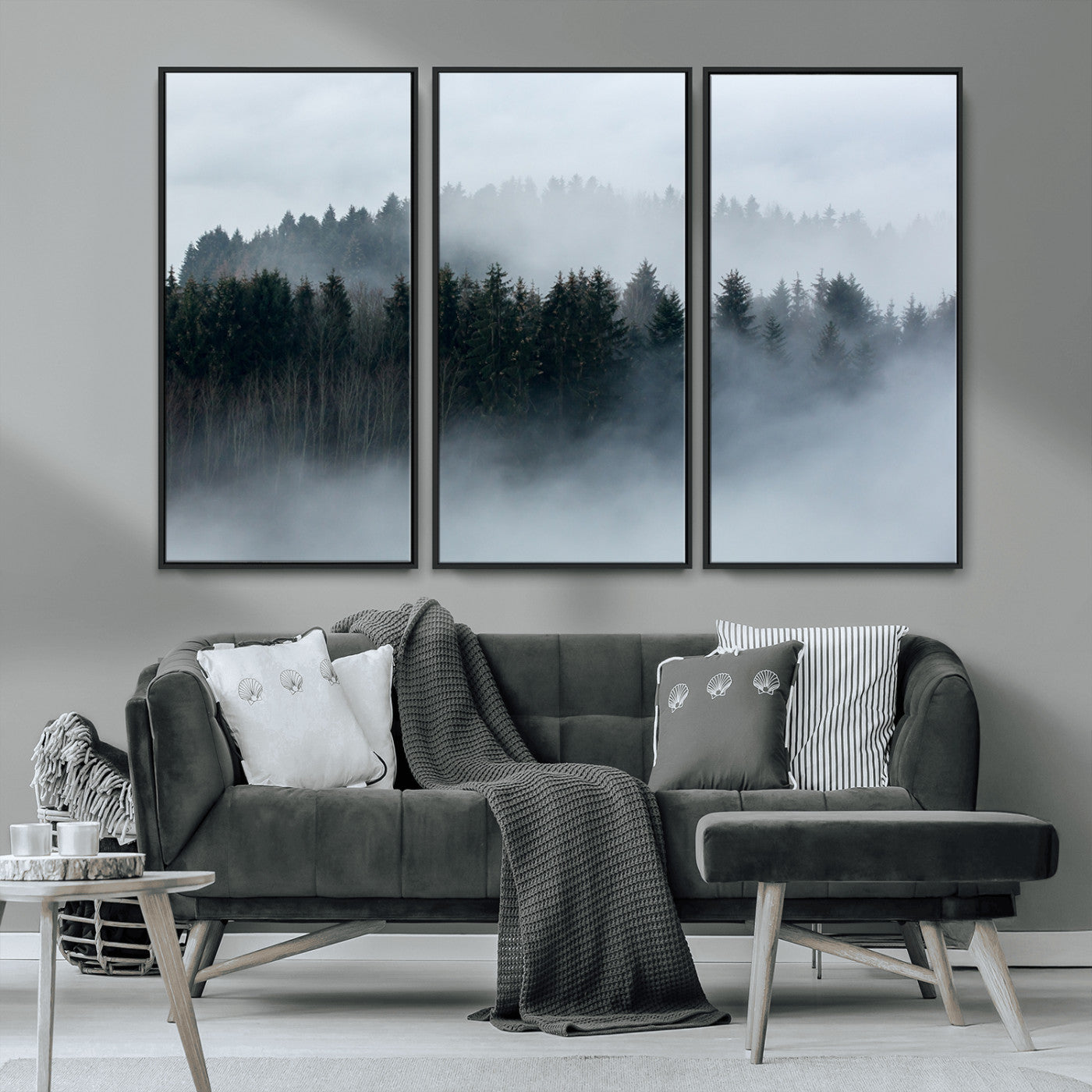 MGV-FC-48X32-3P - Autumn and Misty Trees in the Forest Wall Art Canvas Print, Foggy Forest Mountain Wall Art Canvas