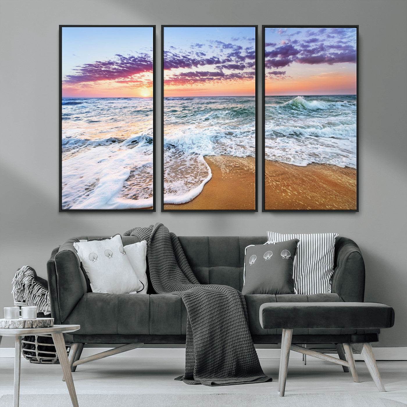MGV-FC-48X32-3P - Coastal Sunset Art Beach Canvas Wall Art Print | Ocean Waves Wall Art | Large 3-Panel Seascape for