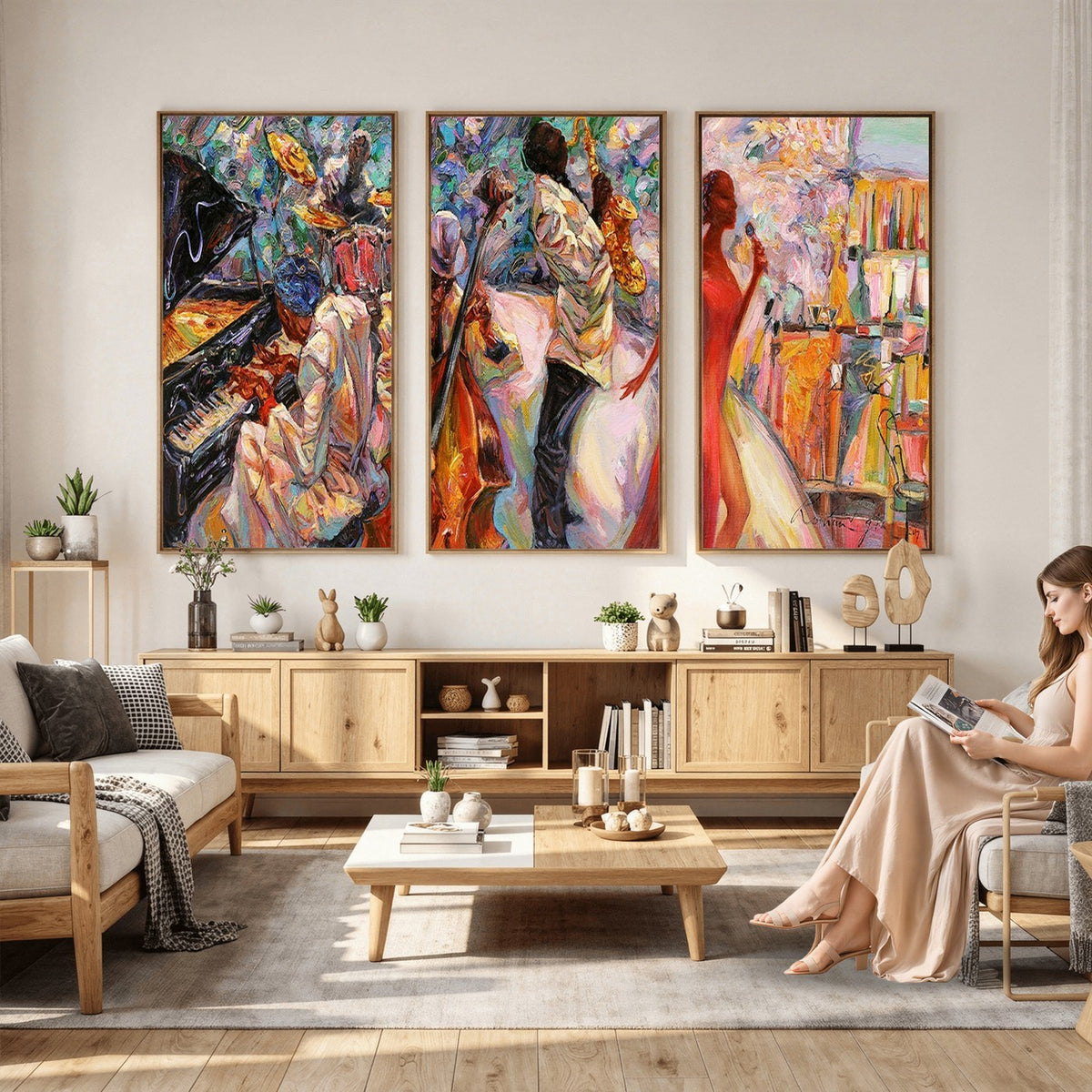 40574-_Poster-30x20 - Afro American Jazz Band Canvas Wall Art | 3 Panel Music Studio Decor