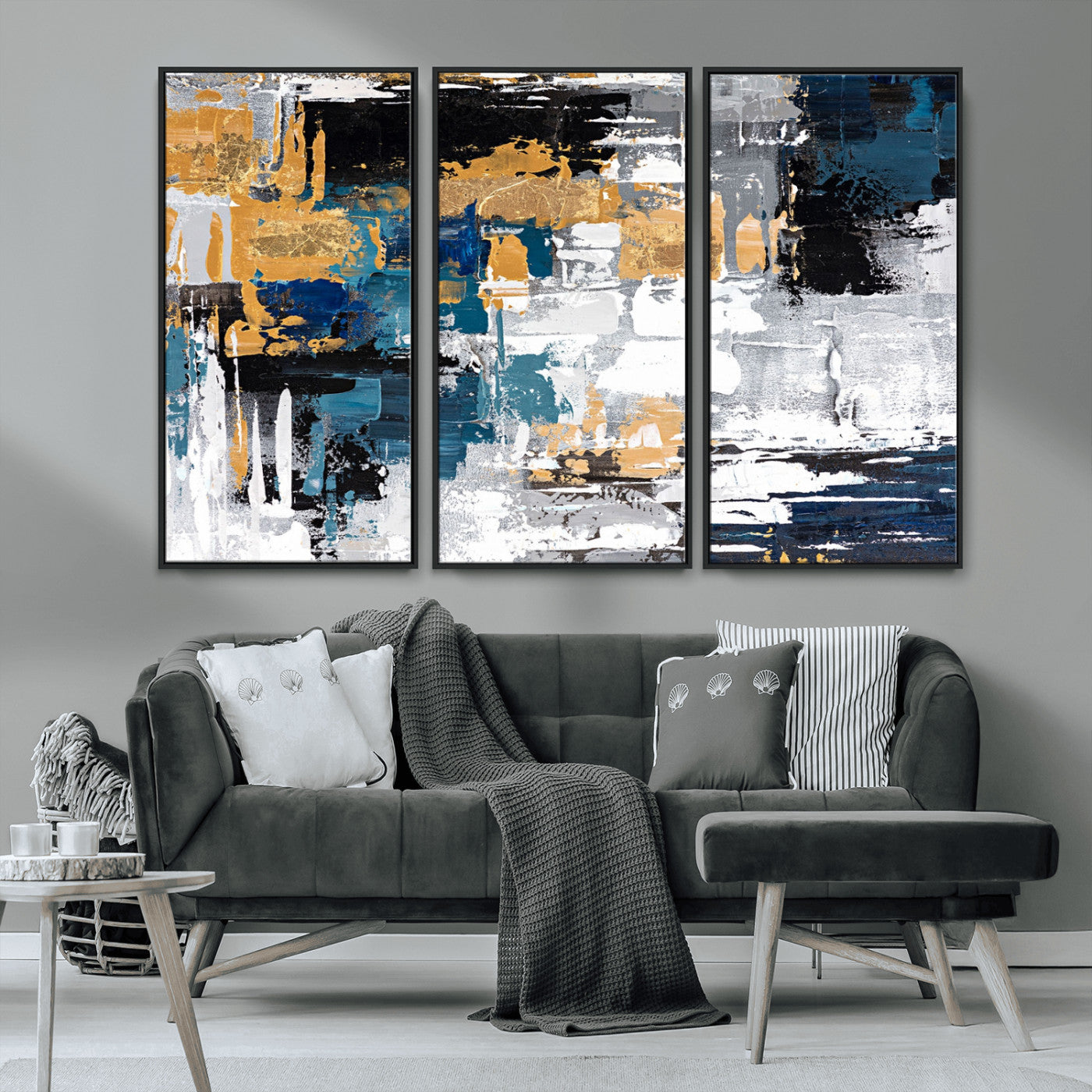 57708-MGV-CV-36X24-Blue and Gold Abstract Canvas Wall Art – Triptych Modern Painting for Living Room – Framed and Ready to Hang