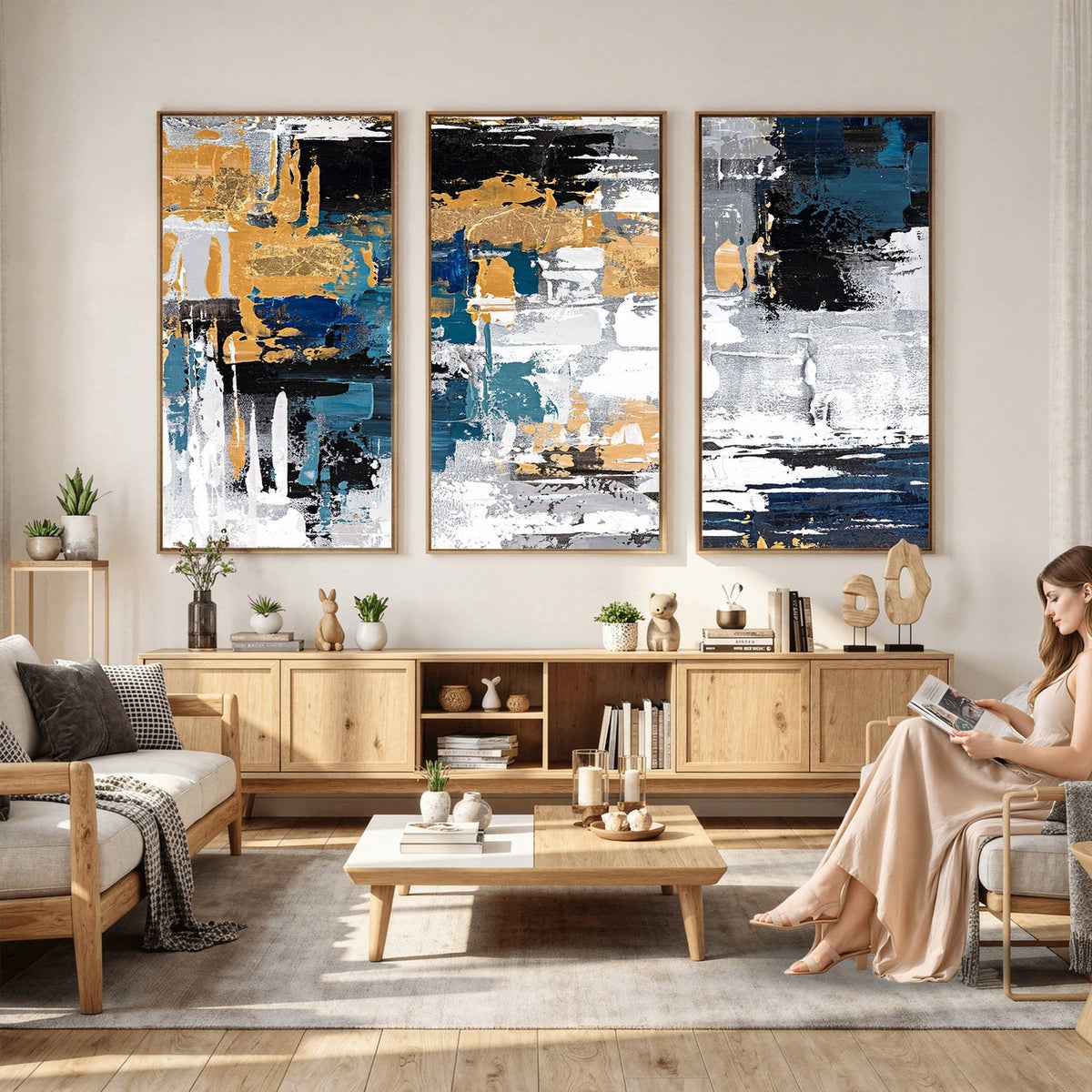 57708-_Poster-30x20 - Blue and Gold Abstract Canvas Wall Art | Triptych Modern Art Print