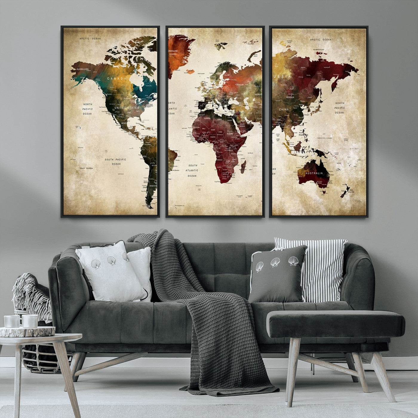MGV-FC-48X32-3P - Large World Map Wall Art Canvas Print, Framed Push Pin Map Art Picture Print, Abstract Traveller Map Perfect Modern Decor Artwork