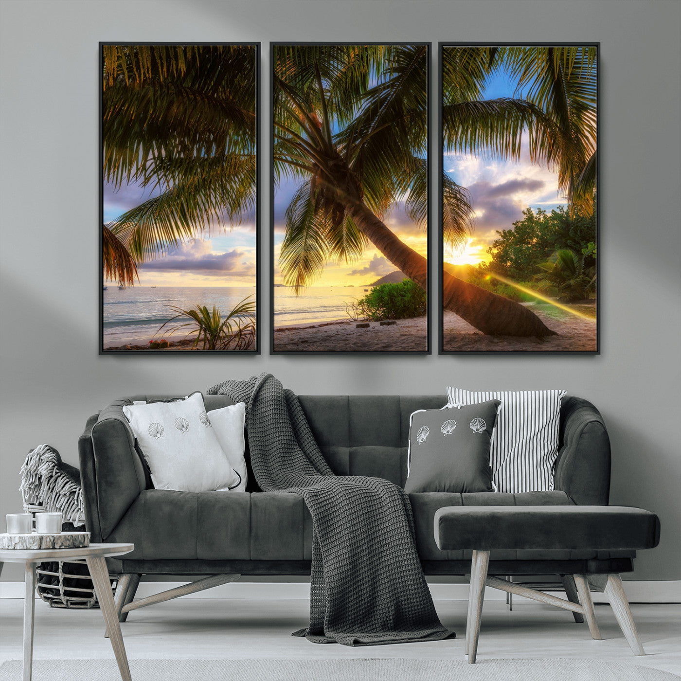 MGV-FC-48X32-3P - Tropical Island Sunset on the Beach Palms Wall Art Canvas Print