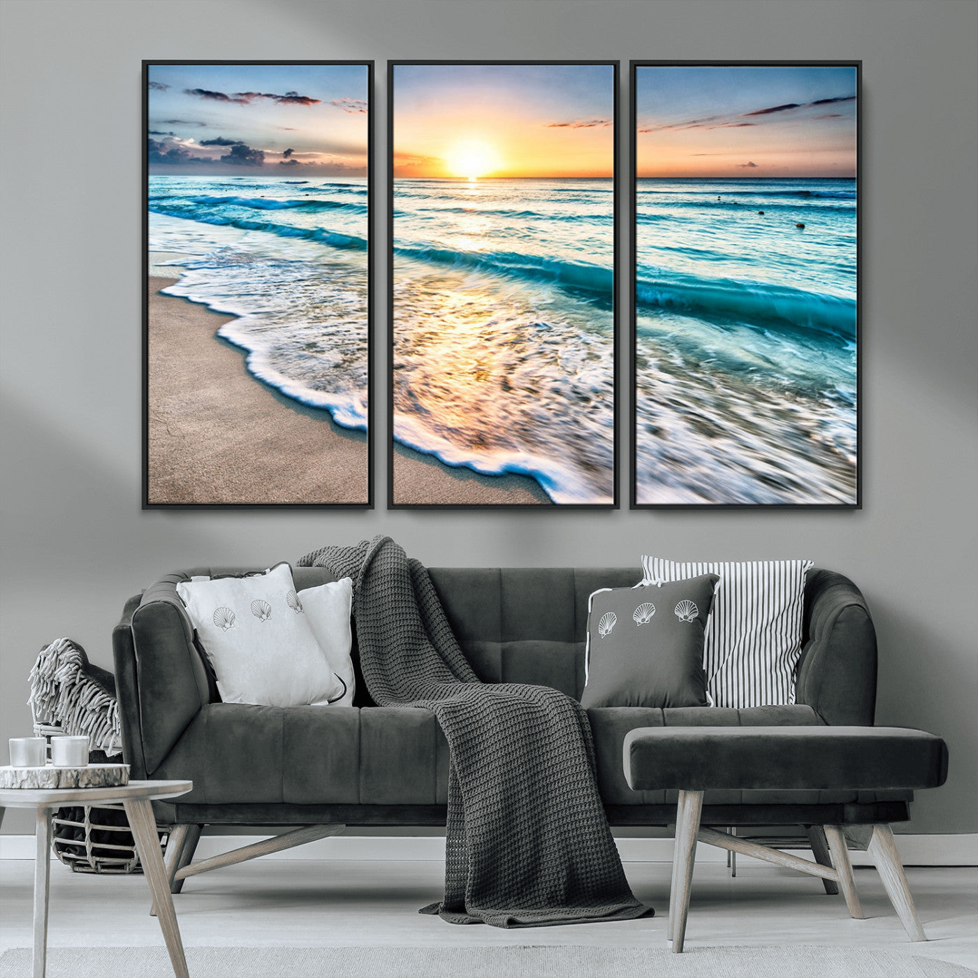 MGV-FC-48X32-3P - Sunset Beach Waves Canvas Wall Art – 5-Panel Ocean Sunset Print – Coastal Decor for Living Room or