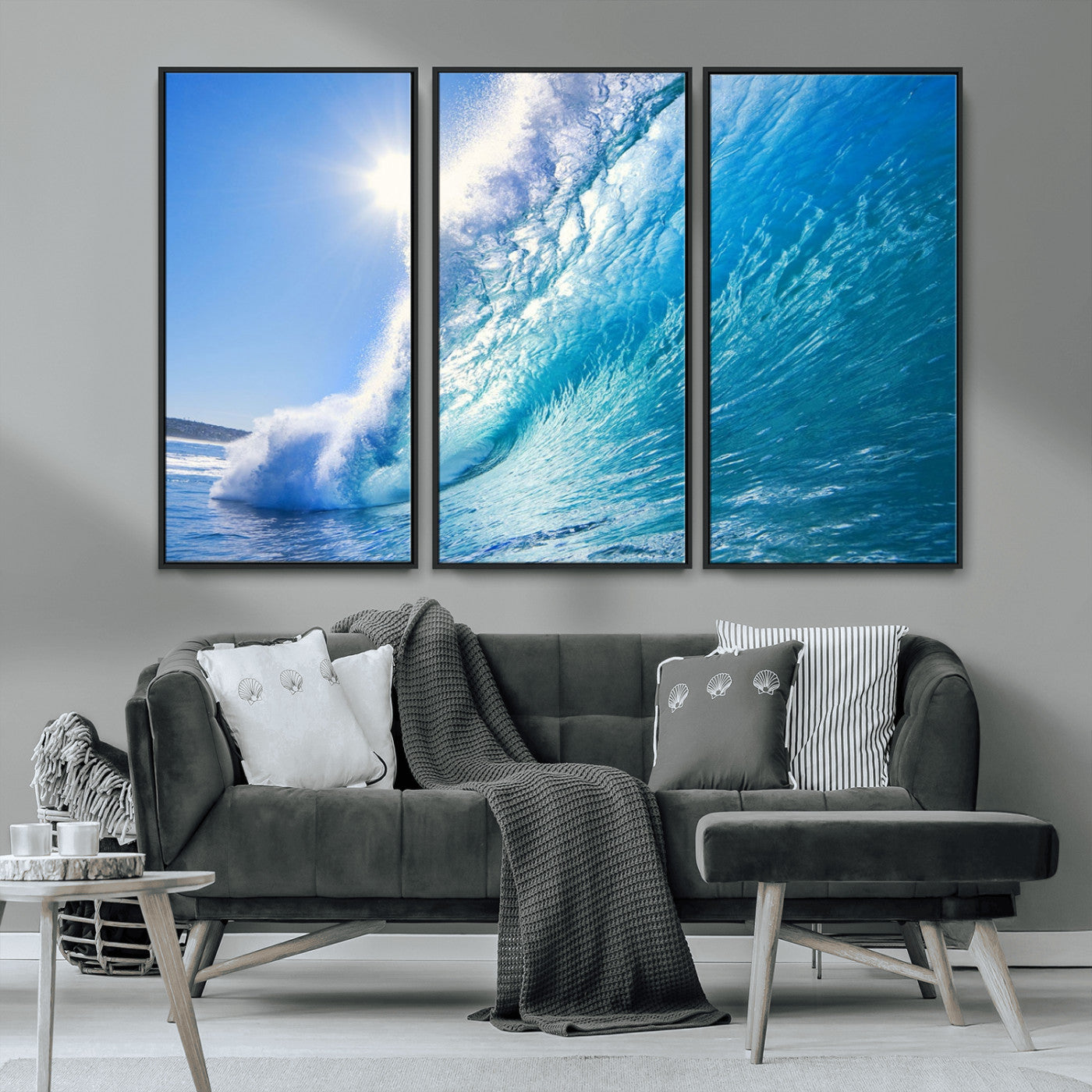 MGV-FC-48X32-3P - Blue Big Wave Surfing Ocean Canvas Wall Art Artwork Print , Surf Wall Art, Sea Wall Art