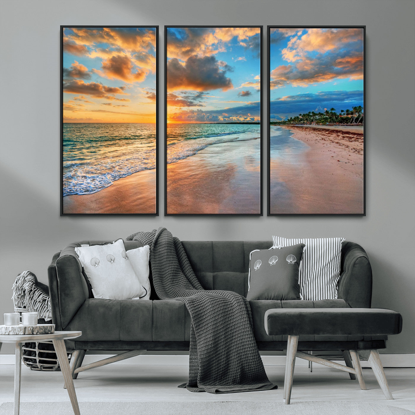 MGV-FC-48X32-3P - Sunset Ocean Waves on Tropical Beach, 3-Panel Giclee Canvas Art for Coastal Home Decor, Vibrant Palm-Lined Shore