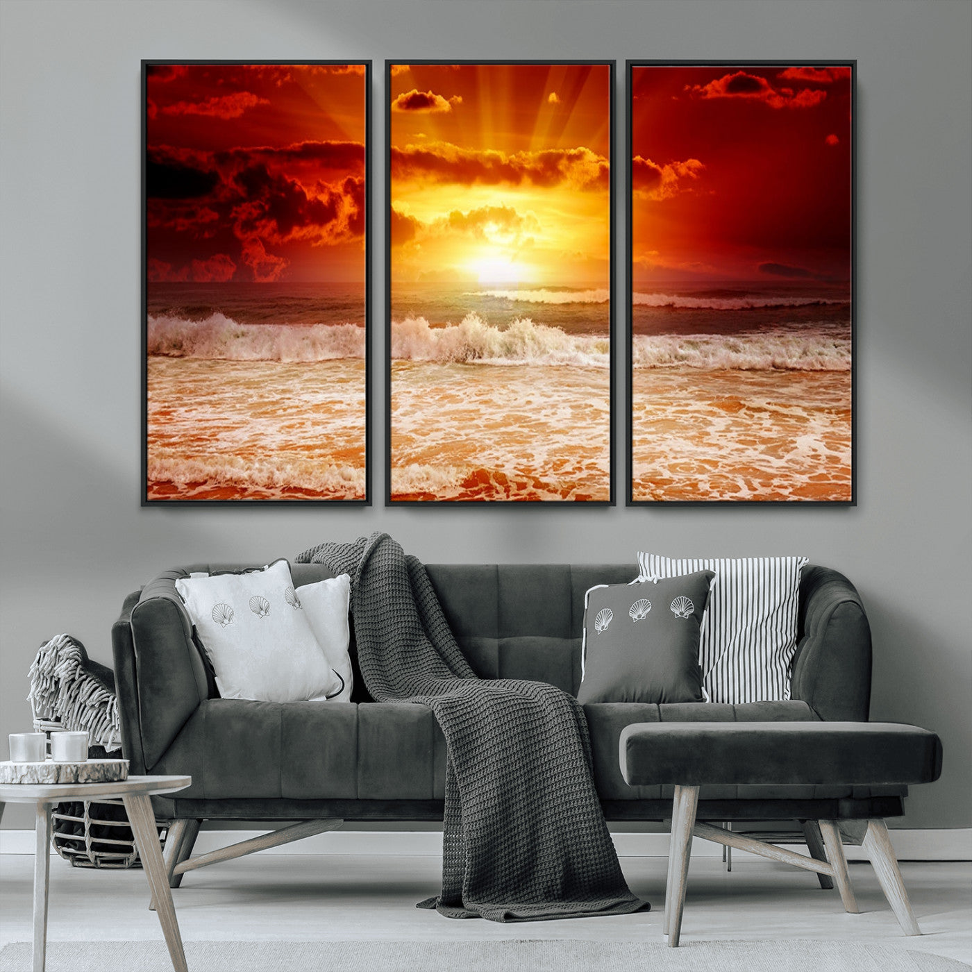 MGV-FC-48X32-3P - Red Sunset Ocean Beach Canvas Wall Art Beach Canvas, Coastal Sunset Print