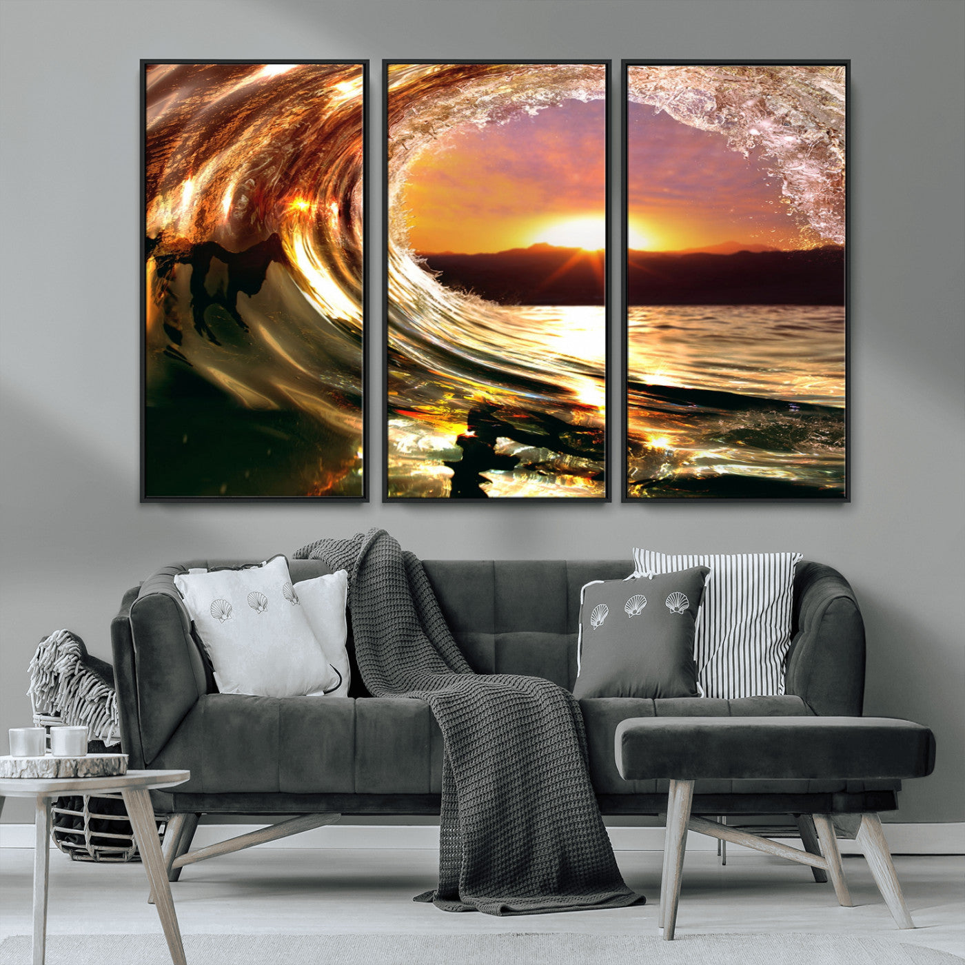 MGV-FC-48X32-3P - Golden Wave Sunset Triptych Canvas Art, Giclee Canvas Print of Ocean Wave and Sunset, Framed Ocean