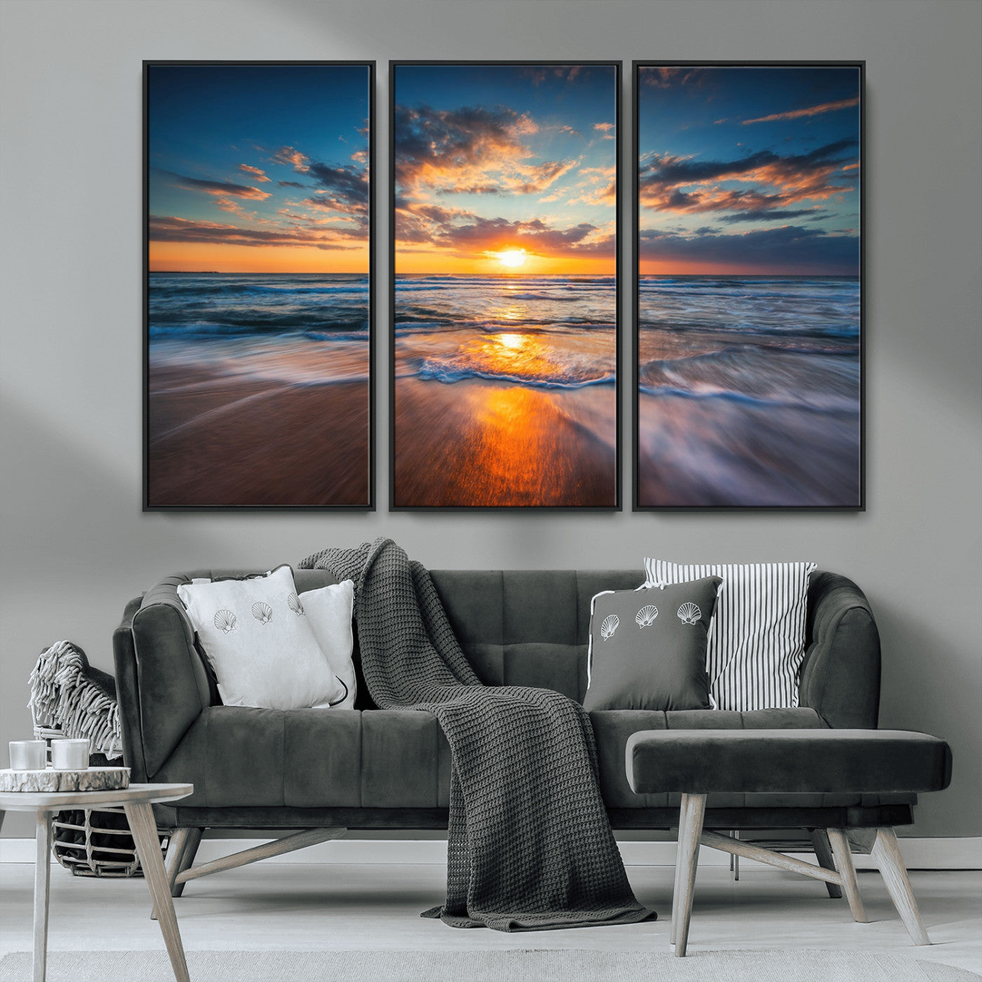 MGV-FC-48X32-3P - Sunset on the Ocean Beach with Waves, Reflections on Sand, Coastal Wall Art Print, Beach Wall Art,