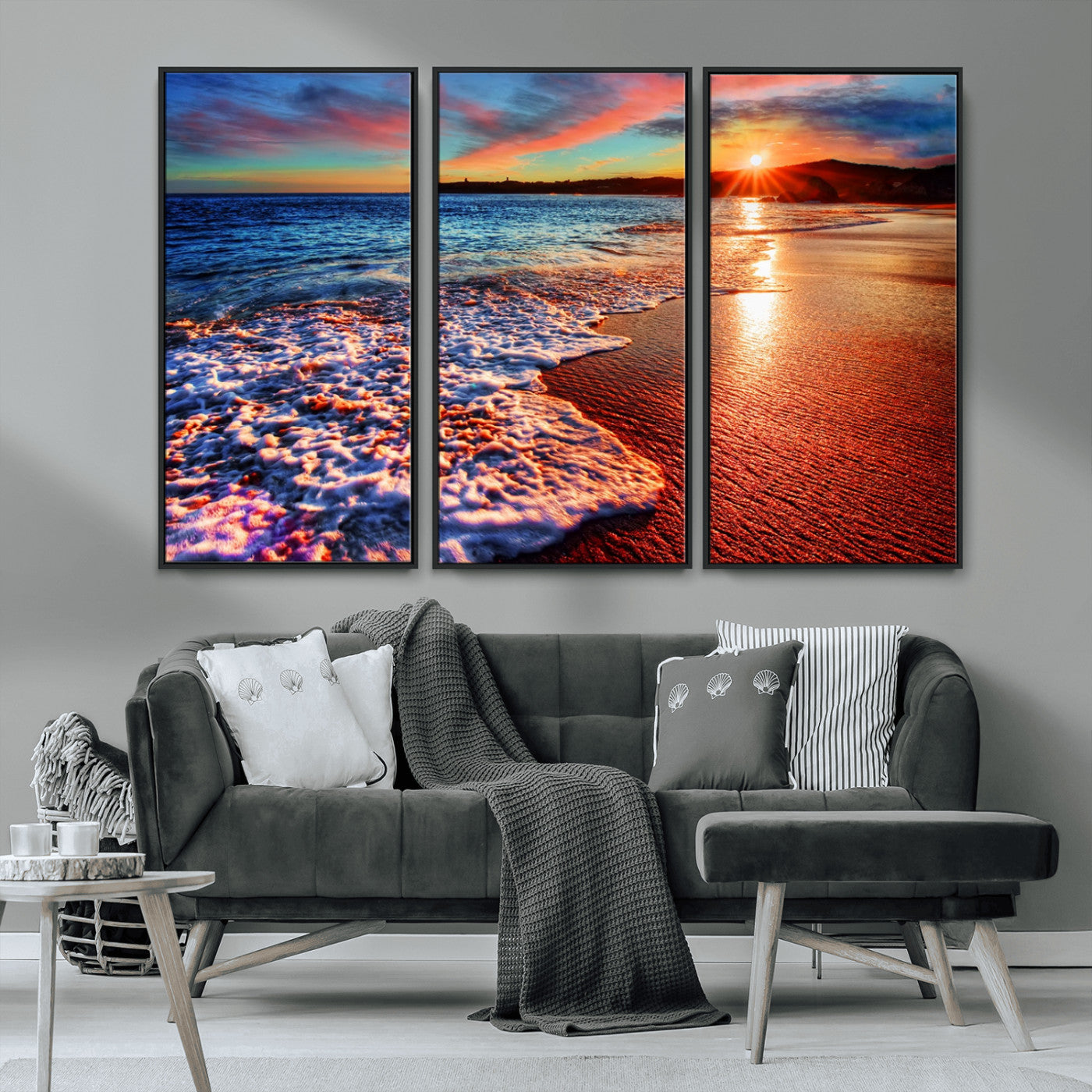 MGV-FC-48X32-3P - Colorful Coastal Sunset on the Beach Canvas Print, Ocean Waves Crashing at Dusk, Multi-Panel Seascape Vibrant Coastal Wall Art Canvas Print