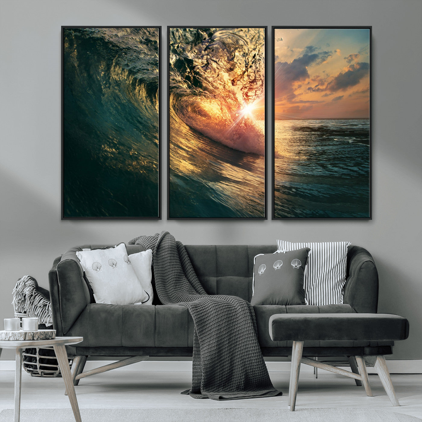 MGV-FC-48X32-3P - Ocean Wave Sunset Canvas Wall Art – Triptych Seascape Print – Framed and Ready to Hang for Living Room or Office