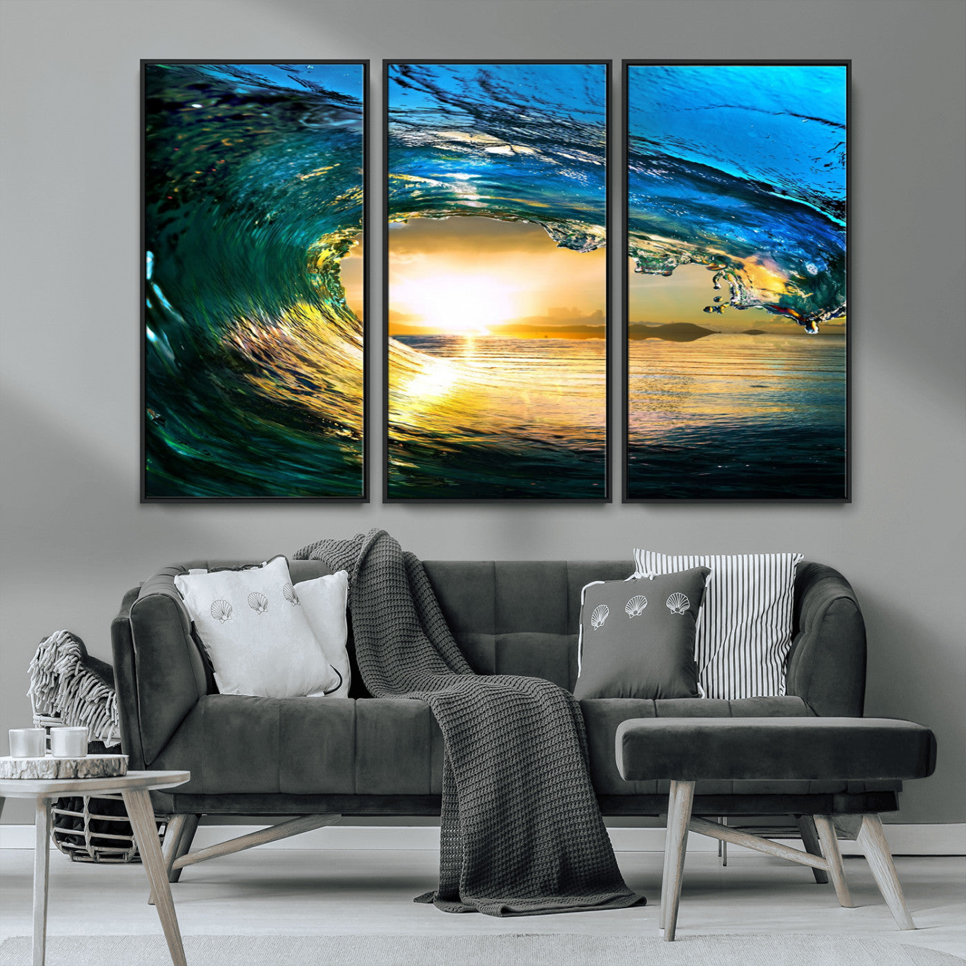 MGV-FC-48X32-3P - Ocean Wave at Sunset Canvas Art, Large Wall Print of Vibrant Water Waves, Coastal Art for Living Room and Dining Room