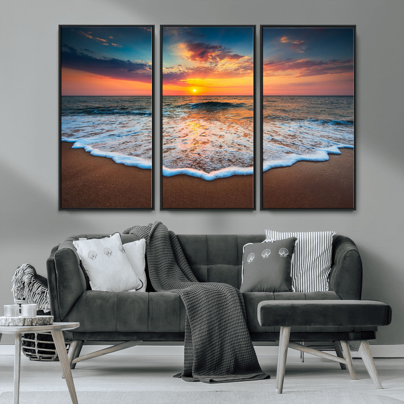 MGV-FC-48X32-3P - Sunset Beach Canvas Wall Art – Colorful Ocean Waves Triptych – Coastal Decor for Living Room or Bedroom – Framed and Ready to Hang