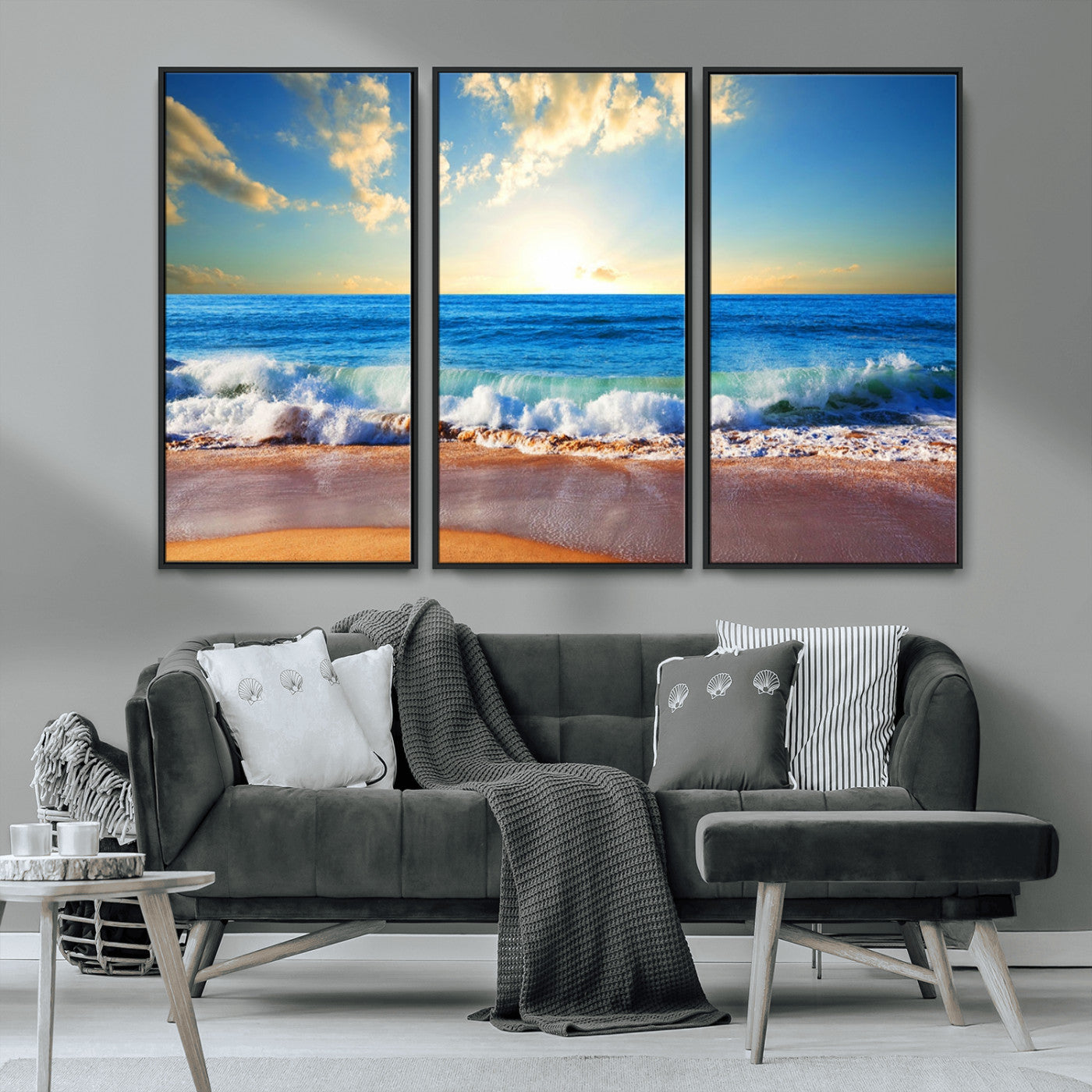 MGV-FC-48X32-3P - Tropical Beach Sunset Canvas Art, Ocean Waves and Sandy Shoreline Wall Art, Large Beach Decor for Coastal Homes