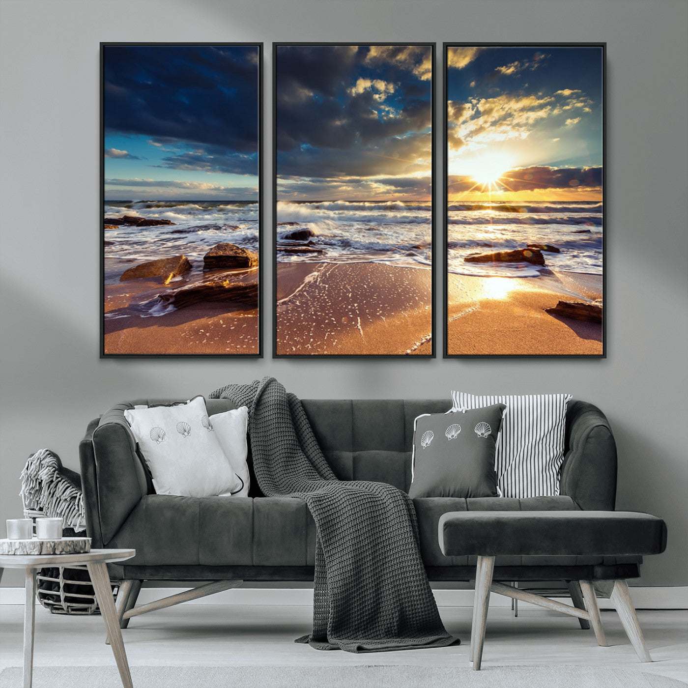 MGV-FC-48X32-3P - Golden Hour Beach Sunset Canvas Triptych, Ocean Waves and Rocks Wall Art for Coastal Home Decor
