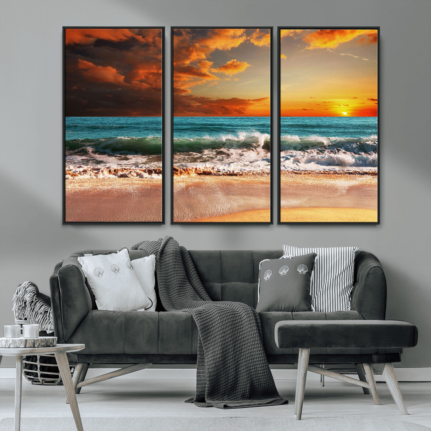 MGV-FC-48X32-3P - Golden Sunset Beach Canvas Wall Art – Triptych Seascape Print – Framed and Ready to Hang for Living Room or Office