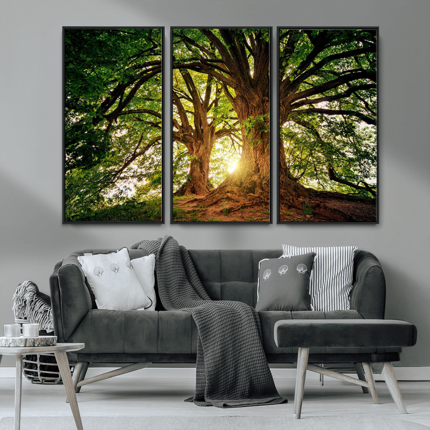 MGV-FC-48X32-3P - Majestic Ancient Tree Wall Art, Nature-Inspired Canvas Print, Woodland Art, Tree of Life Artwork, Sunlit Forest, Giclee Nature Print