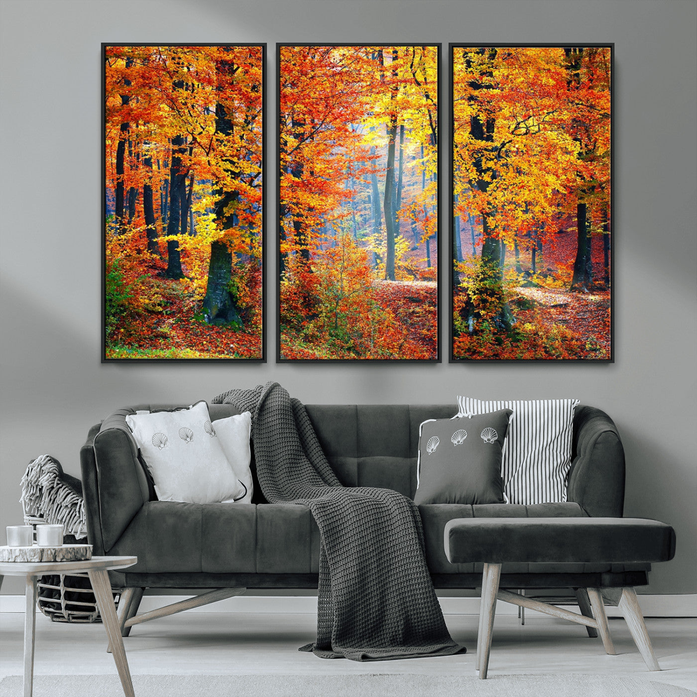 MGV-FC-48X32-3P - Autumn Red Forest Triptych Canvas Wall Art Print, Forest Wall Decor, Fall Landscape Art | Season Nature Landscape for Home or Office